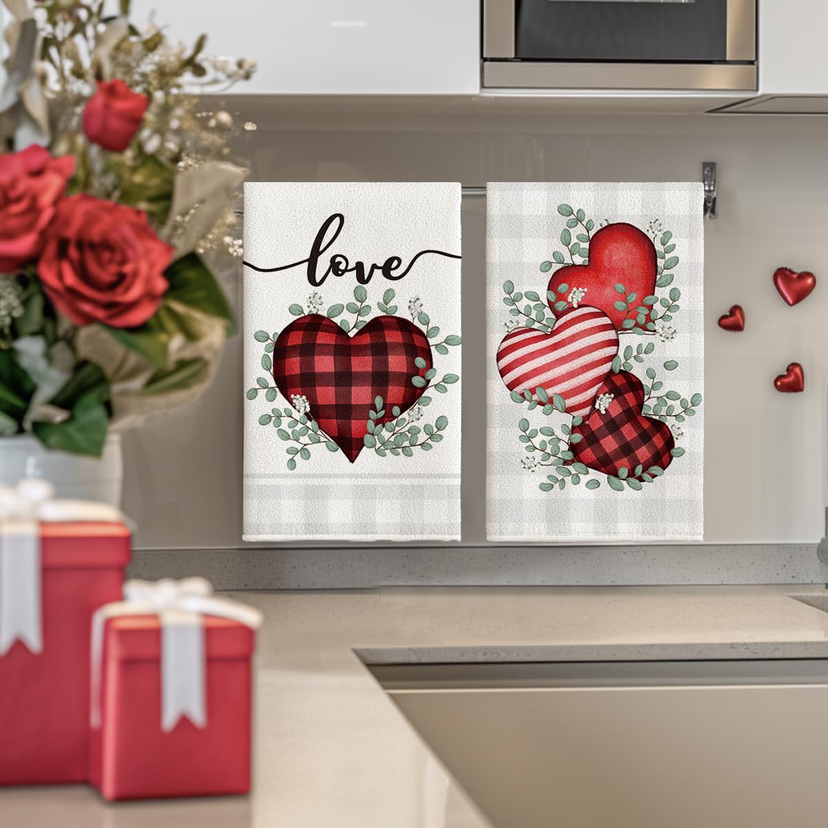 Artoid Mode Red Buffalo Plaid Heart Love Valentine's Day Kitchen Towels Dish Towels, 18x26 Inch Anniversary Wedding Decoration Hand Towels Set of 2