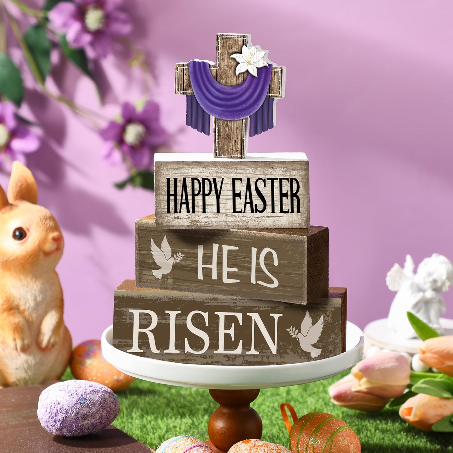 4 Pcs Easter Decorations He Is Risen Wooden Sign Christian Table Centerpiece Religious Cross Tiered Tray Decor Decorative Faux Book Stack Block for Table Fireplace Mantel Floating Shelf