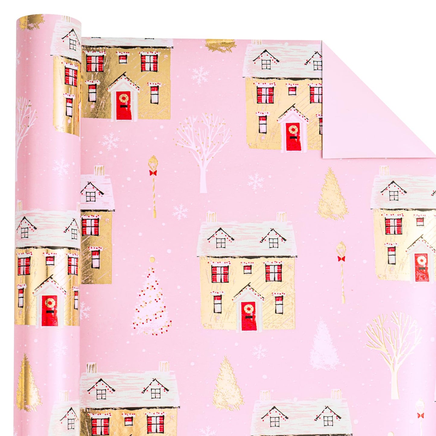 30 Inch Jumbo Reversible Christmas Wrapping Paper - 30 Inch x 33 Feet - Pink House and Solid Pink Wrapping Paper with Metallic Foil Shine for Chrsitmas, Holiday, Party