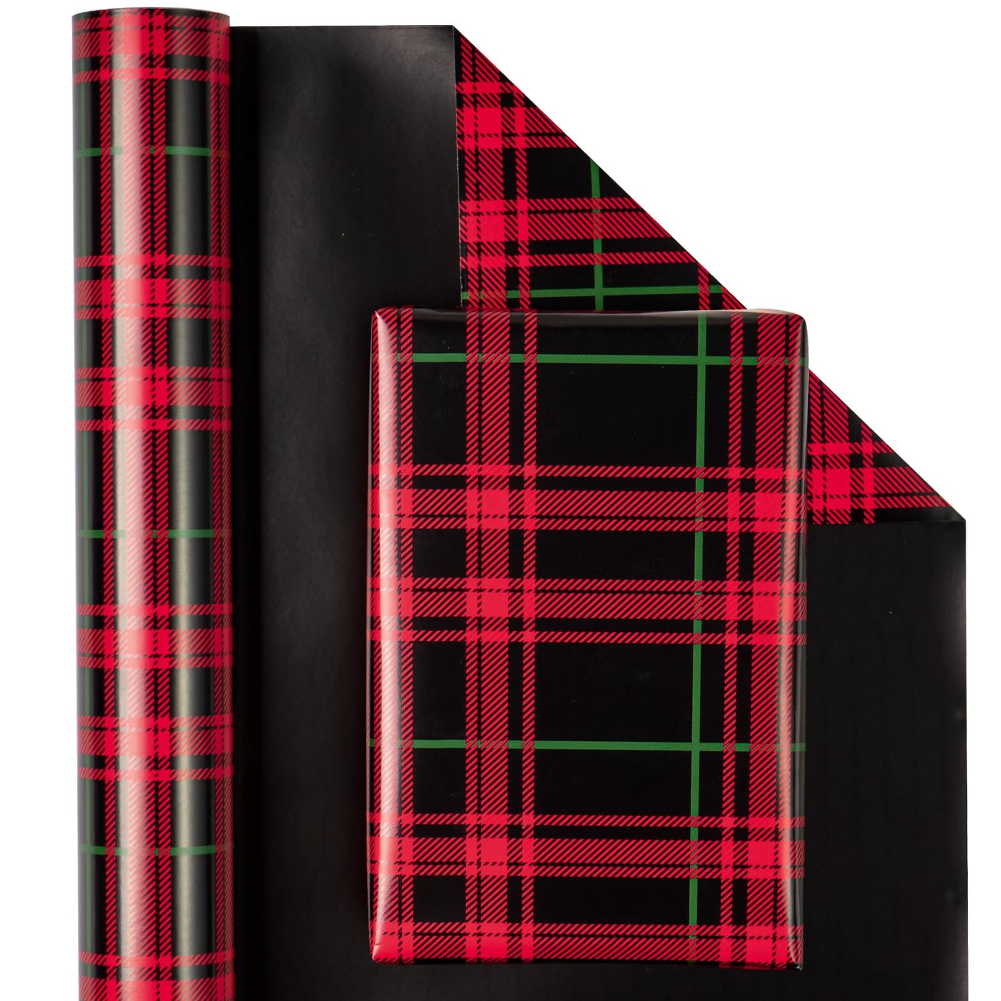 Reversible Plaid Wrapping Paper - Mini Roll - 17 Inch x 33 Feet - Red and Black Plaid Christmas Wrapping Paper for Christmas, Birthday, Baby Shower, Holiday
