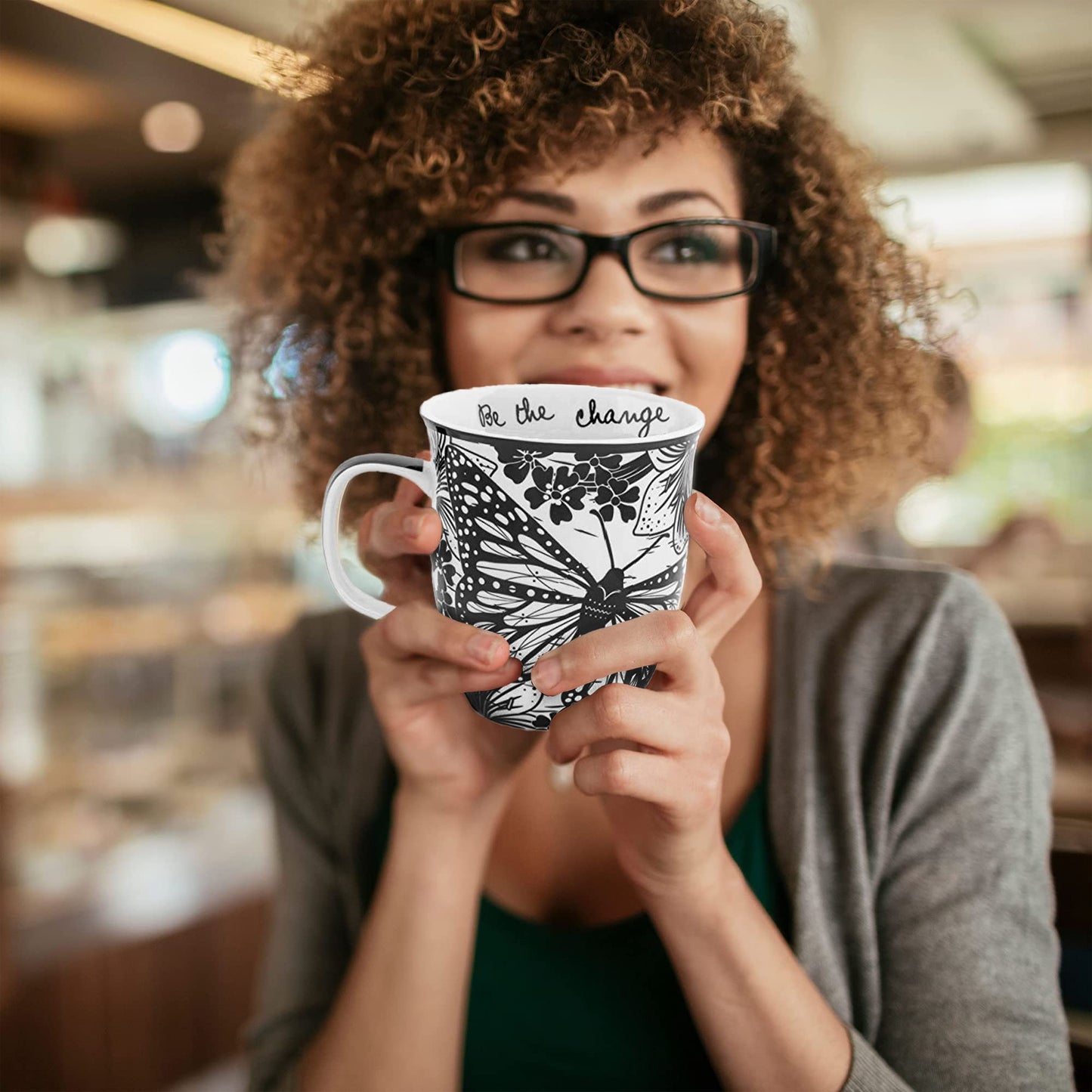 14 oz Black and White Boho Mug Butterfly - Cute Coffee and Tea Mug - Ceramic Coffee Mugs for Women and Men