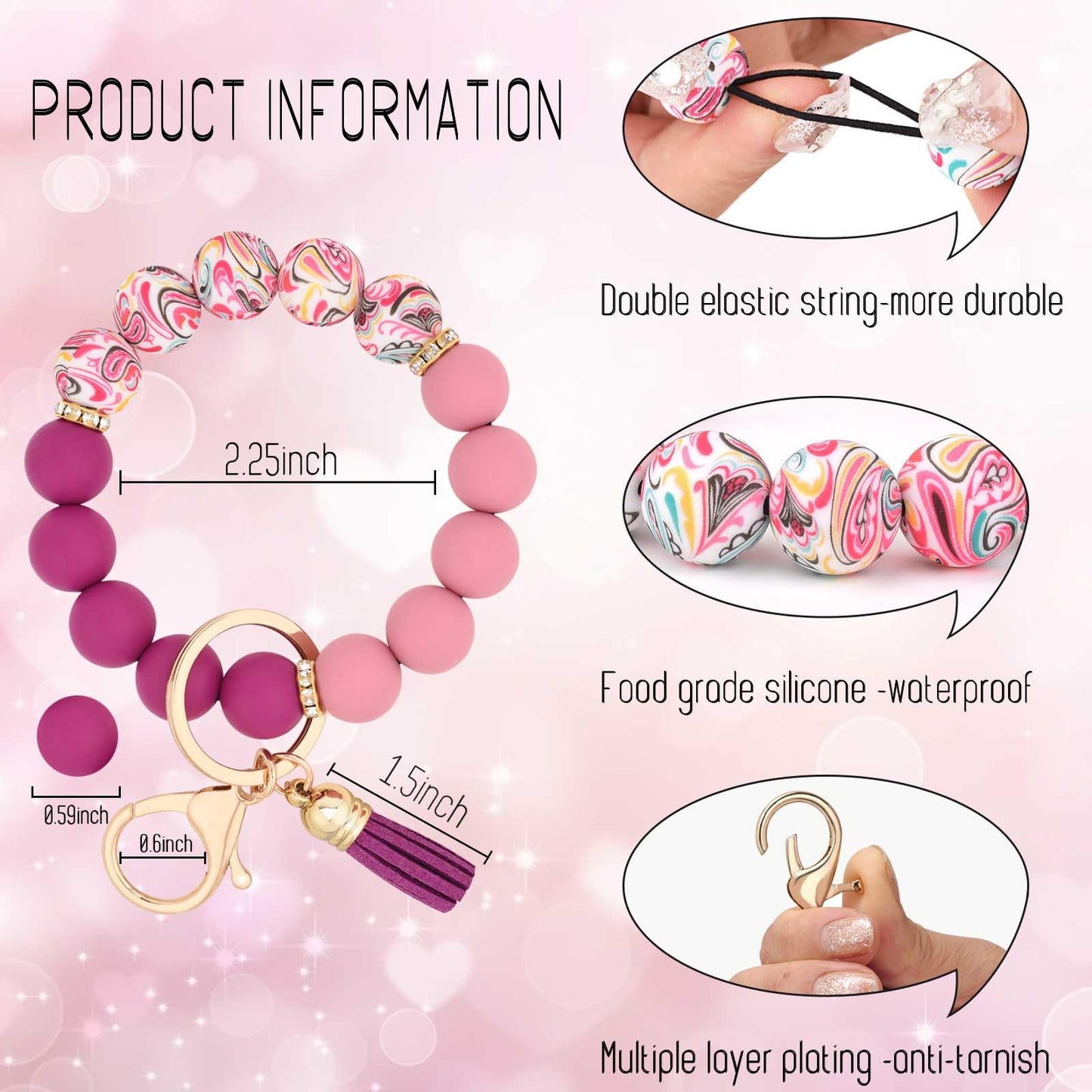 BAOSIWA Silicone Beaded Keychain Wristlet Key Ring Bracelet Cute Plum Car Key Chain Holder for Women Girls