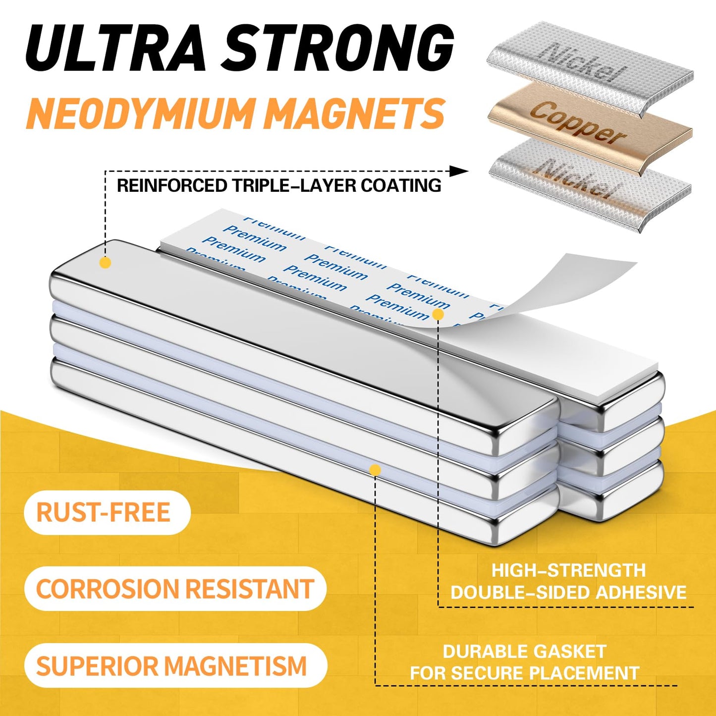 FINDMAG Neodymium Magnet, 6 Pack Bar Magnets Strong Heavy Duty Magnets with Adhesive Backing, Magnetic Strip Rare Earth Magnet for Crafts, Refrigerator, Door, Science- 60 x 10 x 3 mm, Silver