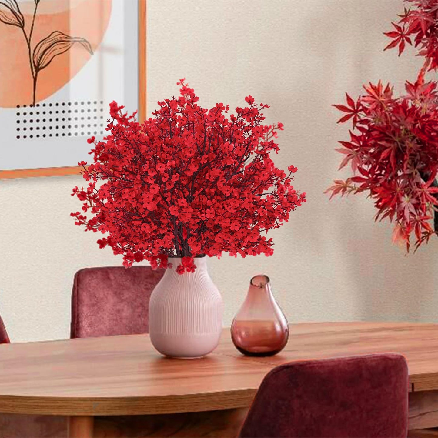 Yastouay Red Fake Flowers Artificial Flowers, 5Pcs Real Touch Silk Flowers Faux Flowers for Decorations, Babys Breath Artificial Flowers Bulk for Spring Decor Floral Arrangement
