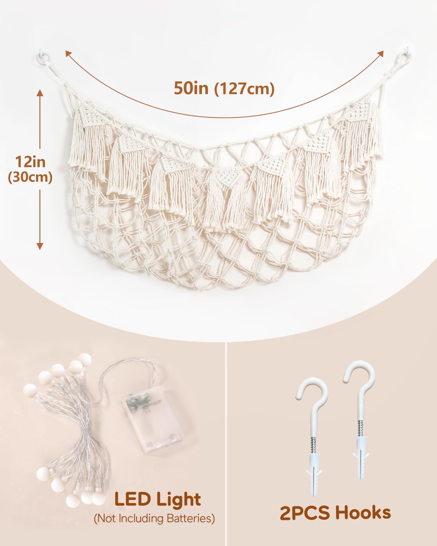 Stuffed Animal Storage Hammock with Lights- Boho Wall Hanging Plushie Net for Stuff Aanimal Organizer and Teddy Bear Storage, Small Toy Hammock for Kids Bedrooms Playroom Nursery(White Small)