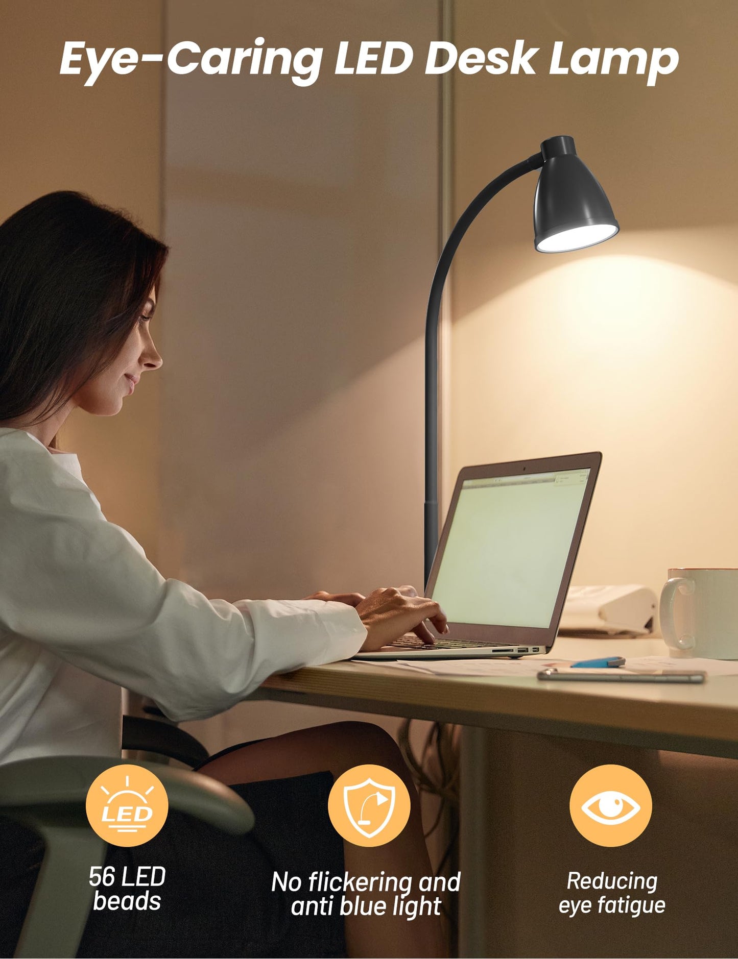 BOHON LED Desk Lamp with USB Charging Port 3 Color Modes Dimmable Reading Light Intelligent Induction Auto Dimming Task Lamp Neck Flexible Table Lamp for Bedside Office, AC Adapter Include