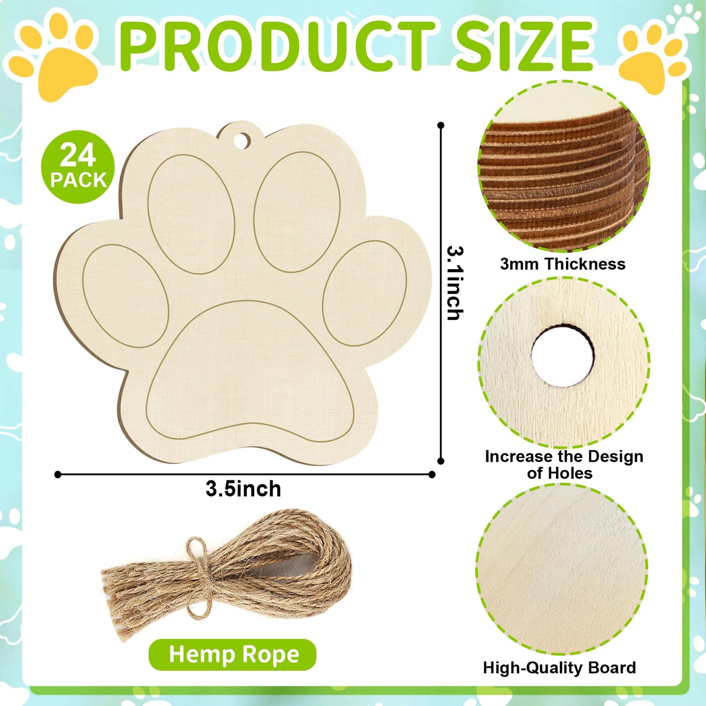 Wooden Dog Paw-Shaped Ornaments to Paint Dog House Decoration Cutouts Unfinished 24PCS, DIY Blank Unfinished Wood Discs Ornament for Pet Theme Party Crafts Hanging Christmas Thanksgiving Decoration