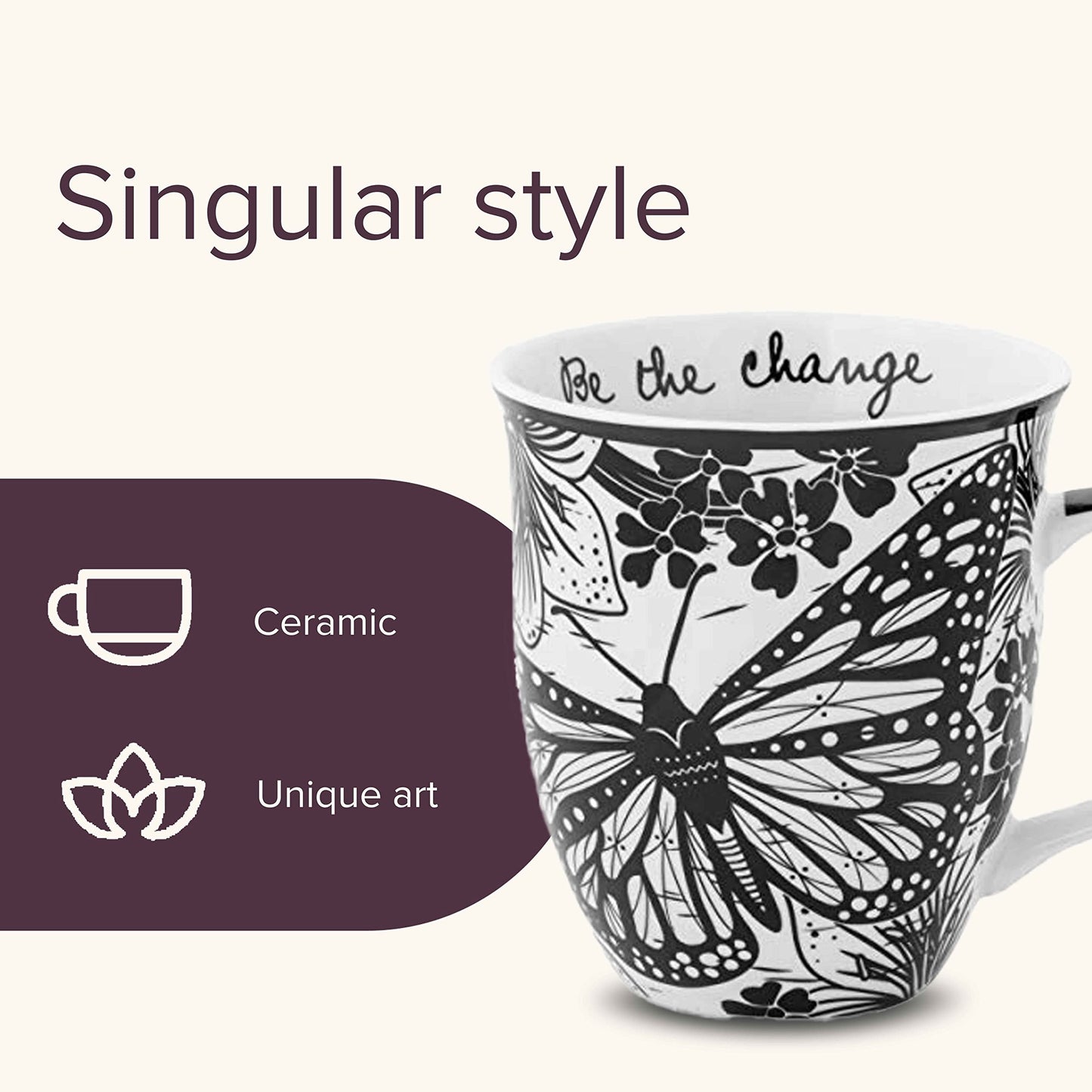 14 oz Black and White Boho Mug Butterfly - Cute Coffee and Tea Mug - Ceramic Coffee Mugs for Women and Men