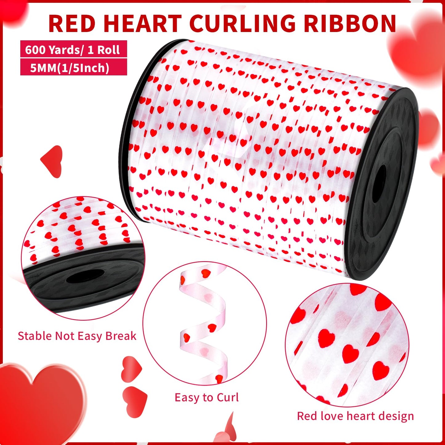 600 Yards Valentine Curling Ribbon 1/5 Inch Heart Ribbon White Red Balloon String Ribbons for Gift Wrapping Birthday Party Valentine's Day Decorations