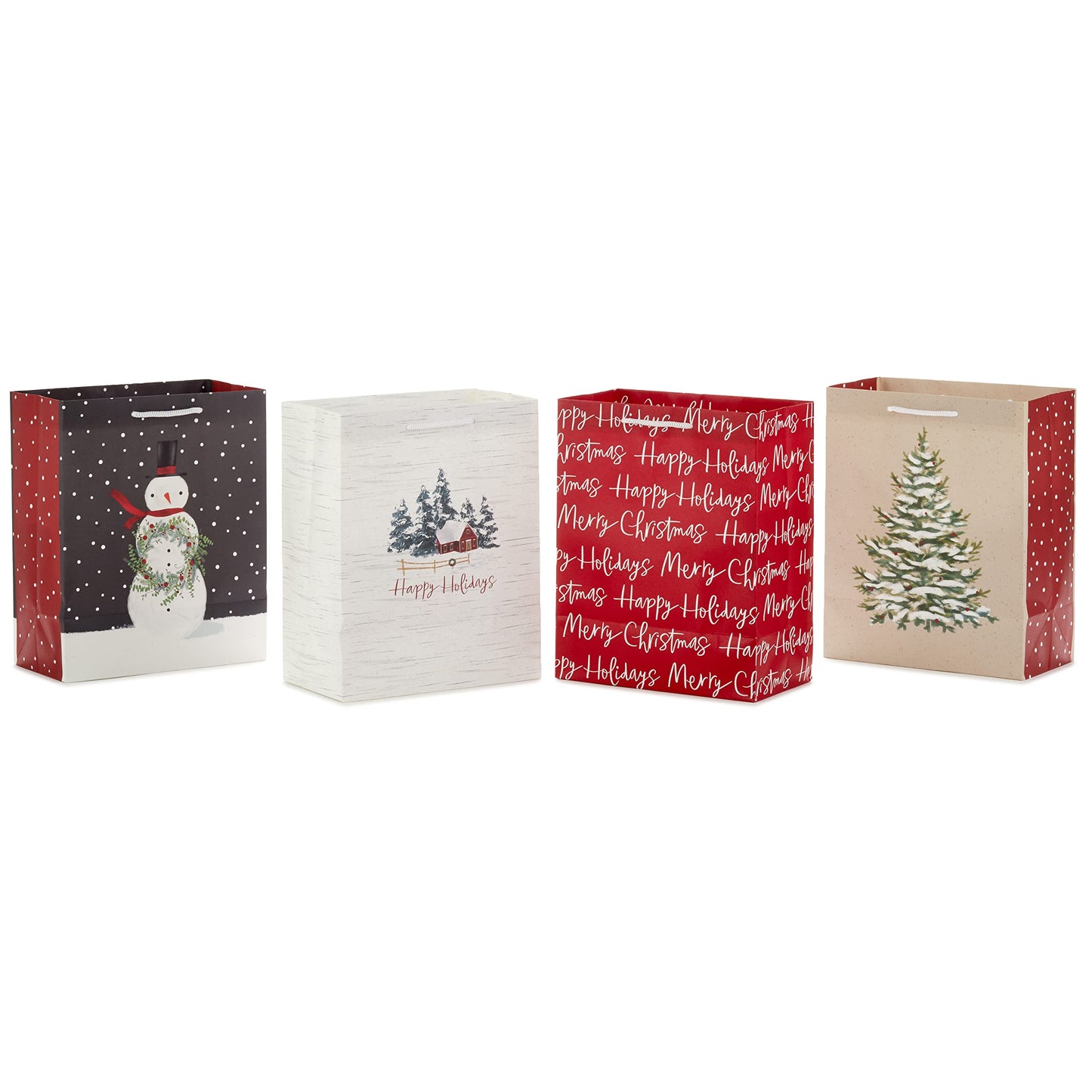 9" Medium Christmas Gift Bags (4 Bags: Snowy Tree, Rustic Farmhouse, Snowman, "Merry Christmas") in Gray, Red, White, Brown