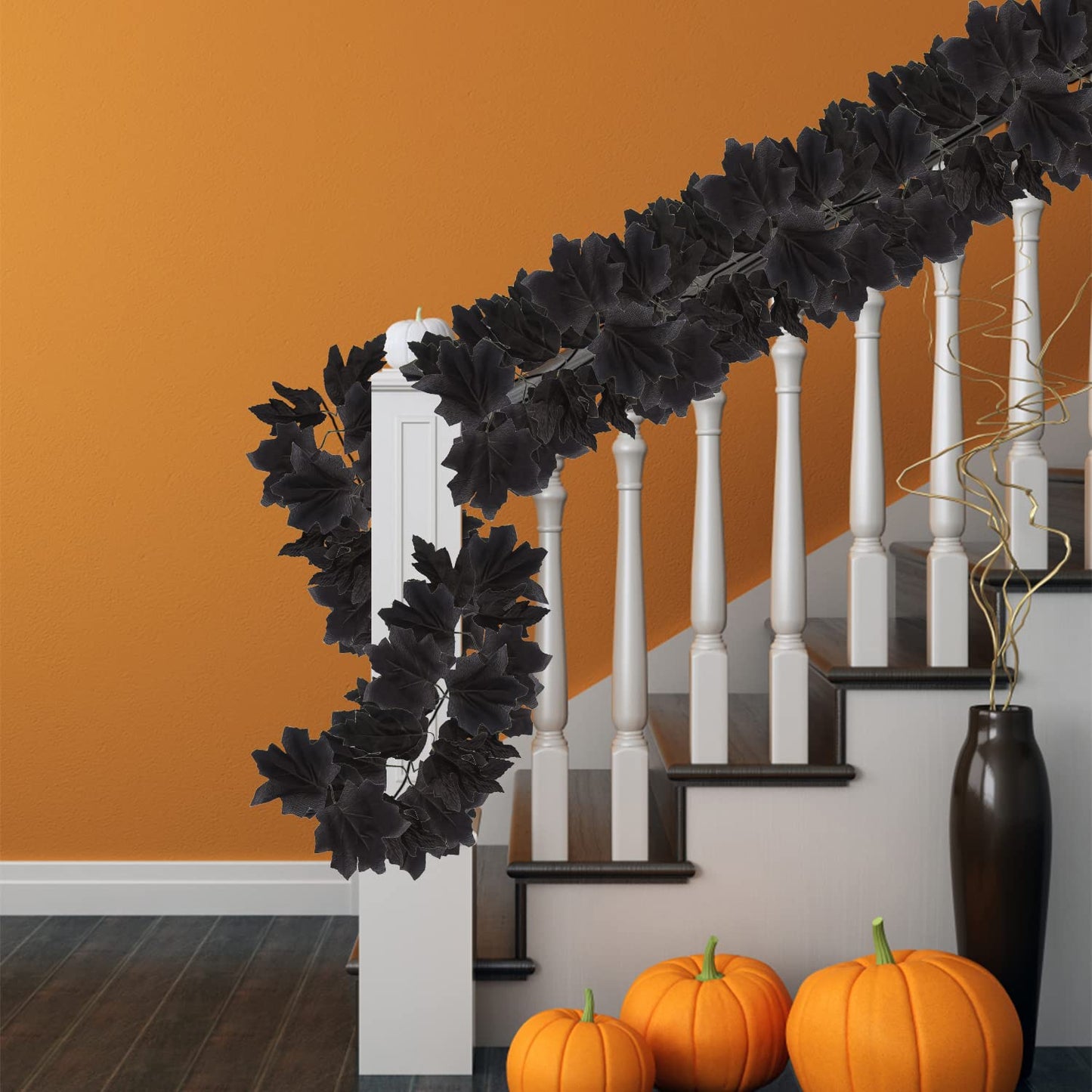 FINGOOO 2 Pack Black Garland Halloween,5.9Ft Black Vines Maple Leaf with Purple Lights for Fireplace Stairs Party Hanging Decor