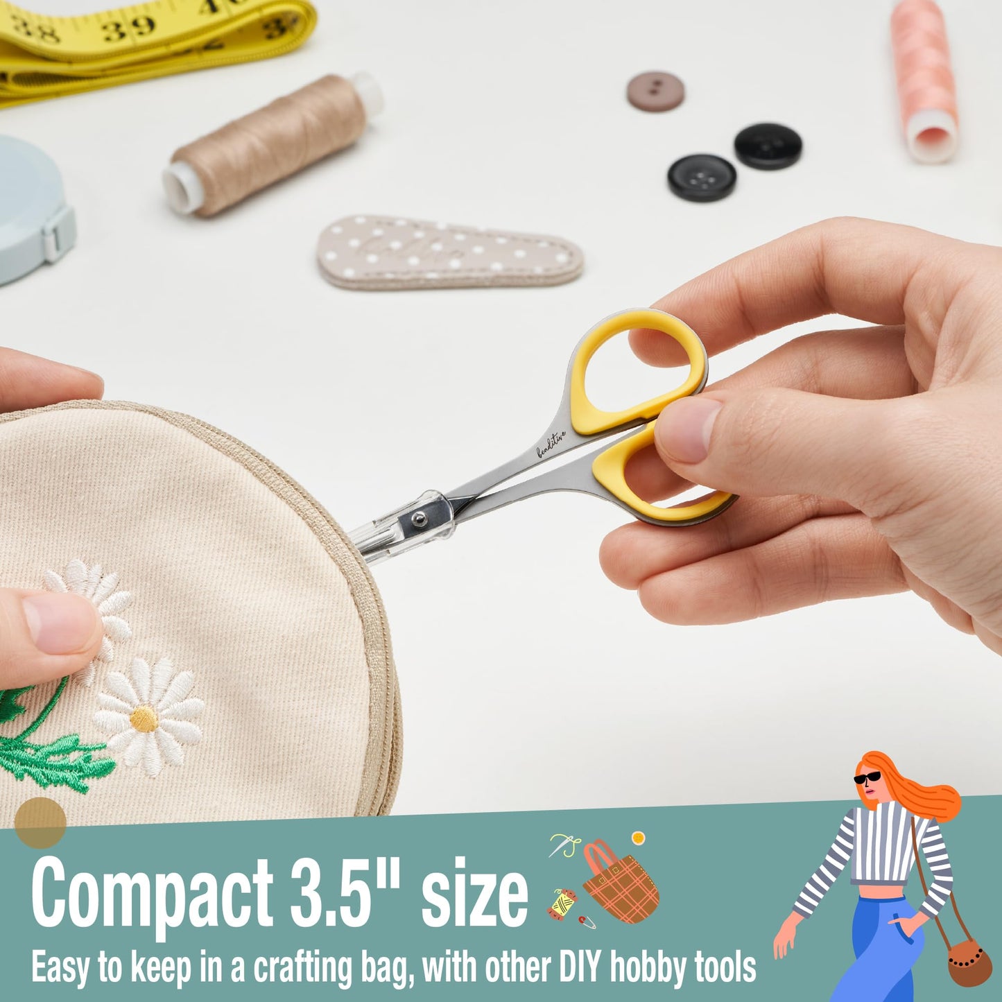 Sewing and Embroidery Scissors Set (2 pcs) Curved and Straight, Sharp, Stainless-Steel Design | Precision Tips, Ergonomic Rubber Handle Grip | Small, Compact DIY Use (Extra Sharp)