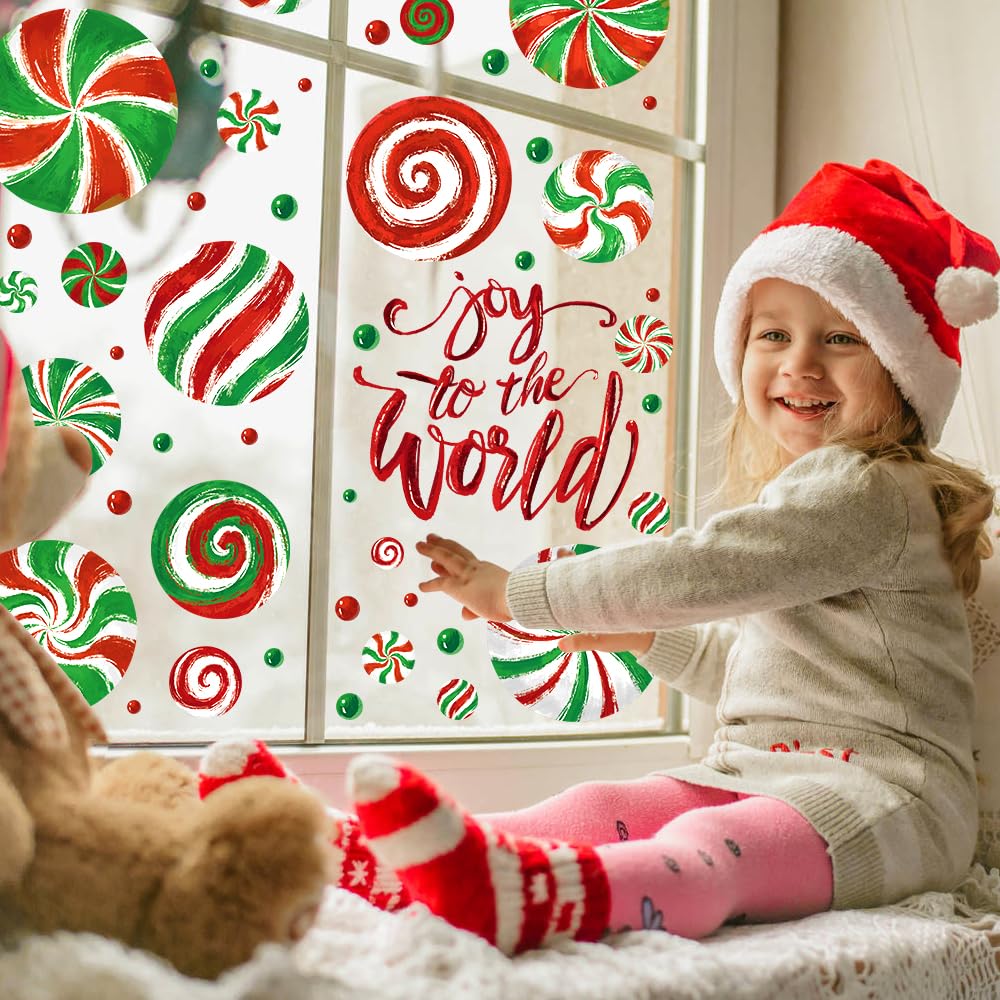 Christmas Window Clings, Candy Window's Clings Decals Oil Painting Christmas Red Green Candy Stickers for Xmas Party Home Office Decor Winter Holiday Glass Window Decoration