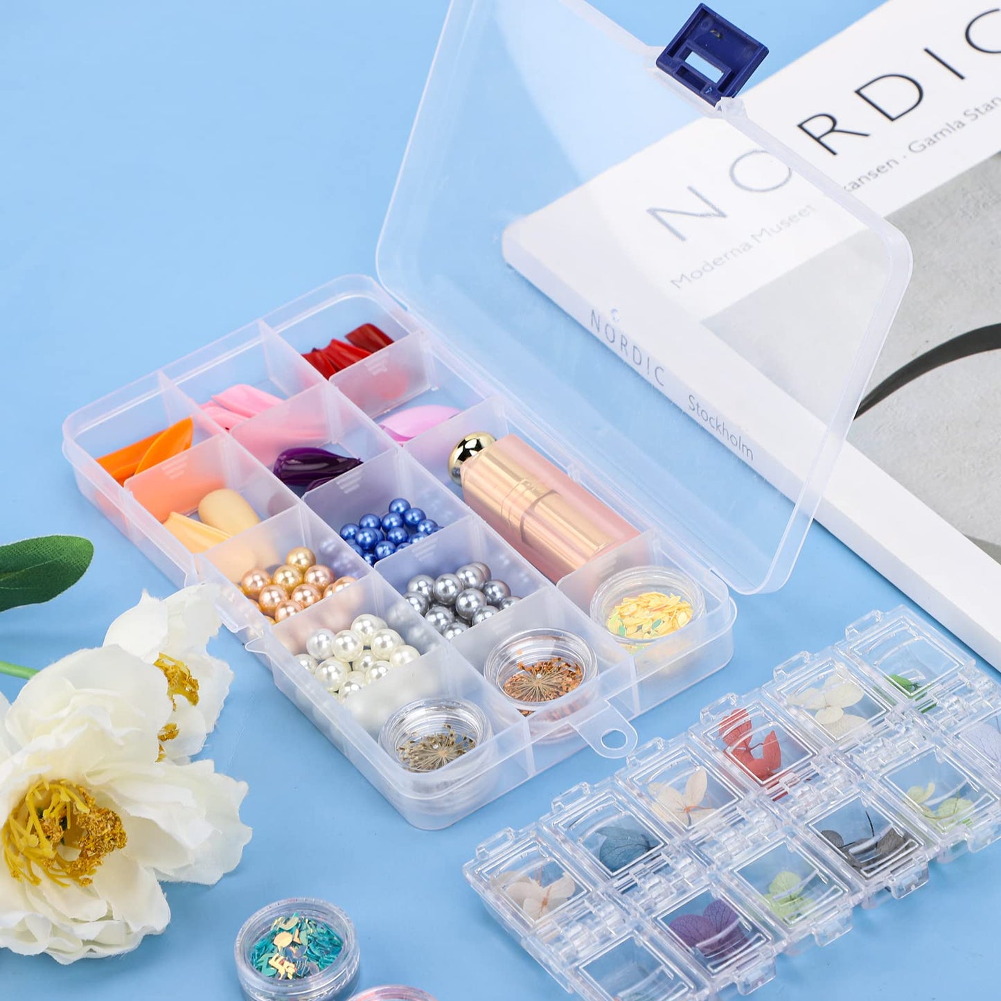 COSICS Fake Nail Storage Box, 3PCS 15-Grid Rhinestone Organizer Case with Divider, Clear Plastic Empty Container for Art Craft Sewing Screw Rock Collection Fishing Tackle, Bead Jewelry Display Holder