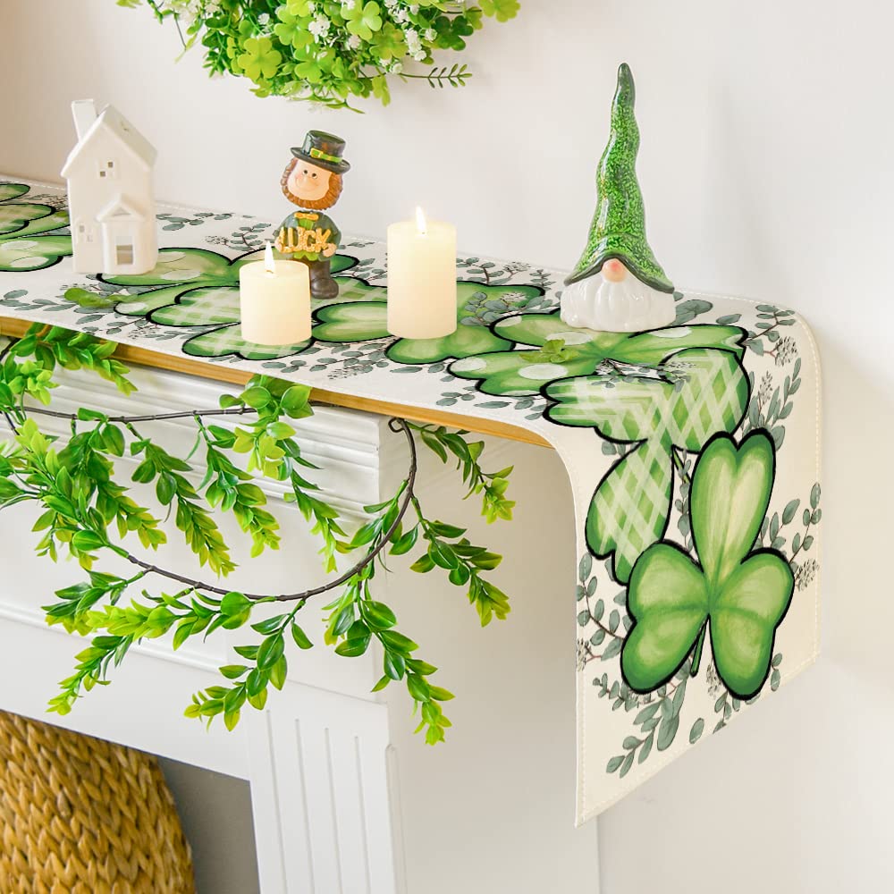 Clover Shamrocks Eucalyptus Buffalo Plaid St.Patrick's Day Table Runner, Seasonal Kitchen Dining Table Runner for Home Party Decor 13x36 Inch