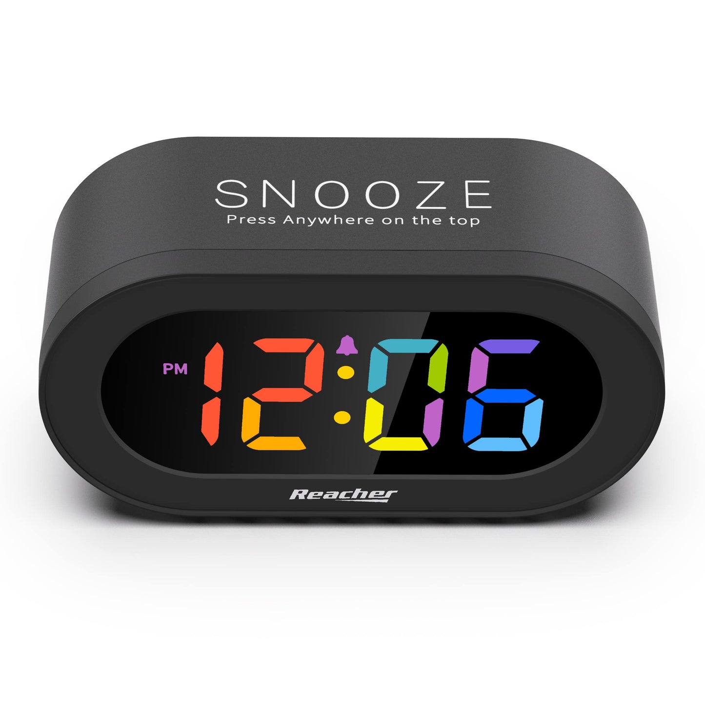 REACHER Small Digital Rainbow LED Alarm Clock with Snooze, Easy to Use, Full Range Brightness Dimmer, Adjustable Alarm Volume, Outlet Powered, Compact Clock for Bedroom, Bedside, Desk, Shelf…