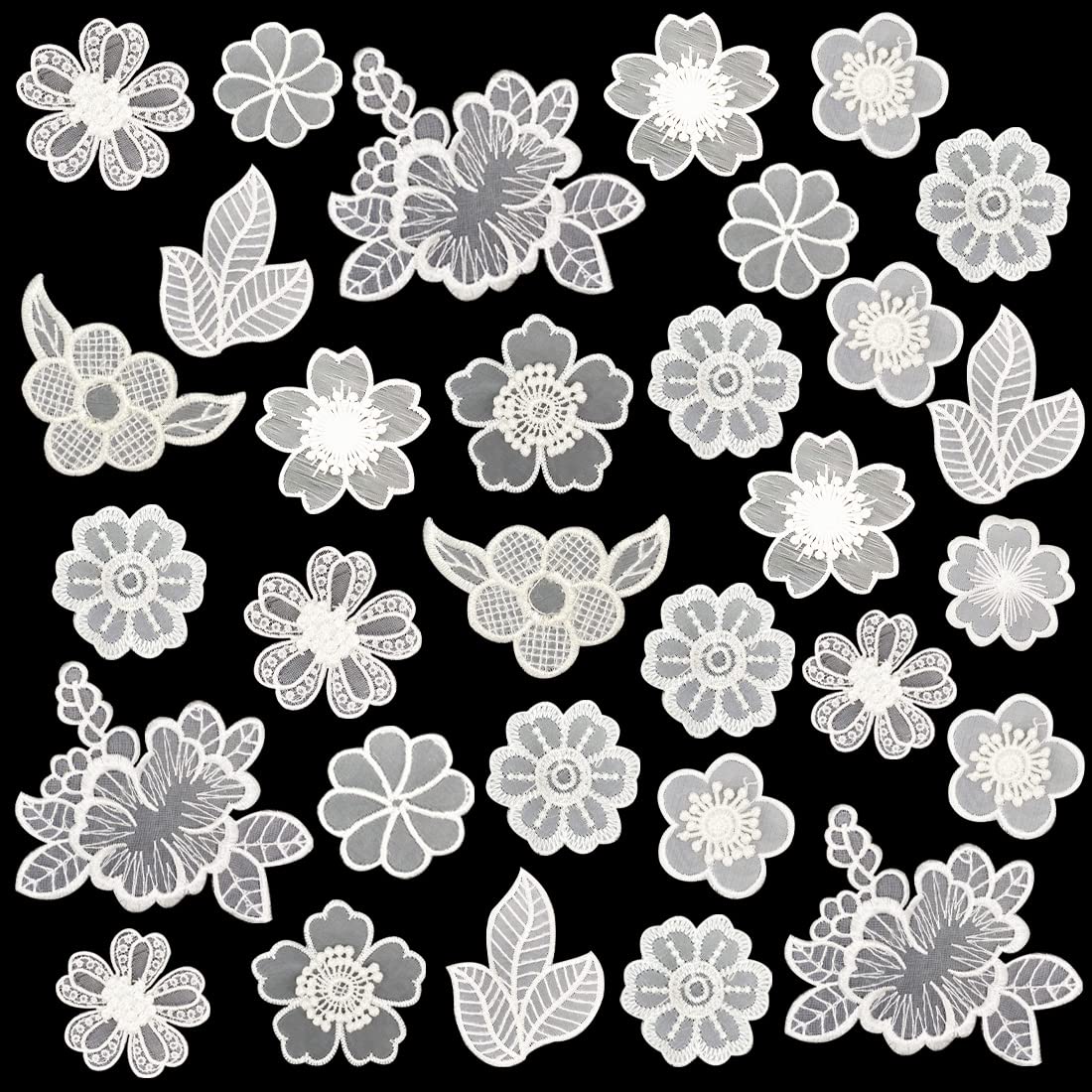 30 PCS Lace Flowers Applique Embroidery Flowers Leaf Sew Iron On Patch, Organza Patches Flowers Applique for Wedding Bridal Dress Sewing Craft DIY Clothes Hair Ornaments (White)