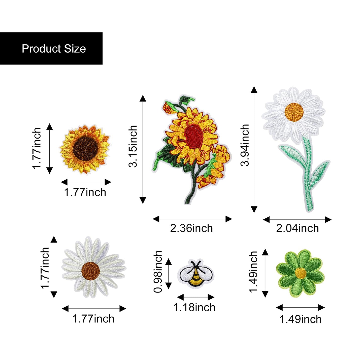 36Pcs Embroidered Bee Applique Patches Daisy Sew on Patch Flower Iron on Patches Flower Appliques for Clothing Sewing Decorations Cute Bumble Sunflower Daisy