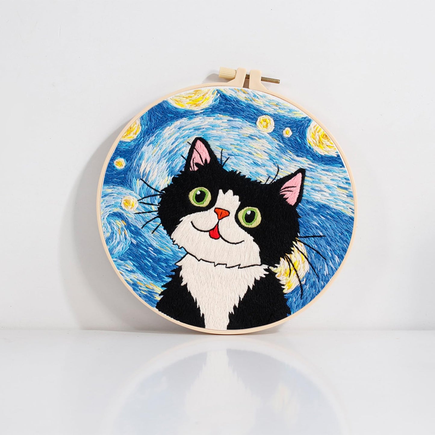 Louise Maelys Cat Starry Sky Embroidery Kits for Beginners with Floral Pattern,Adults Starter Cross Stitch Kit DIY Needlepoint