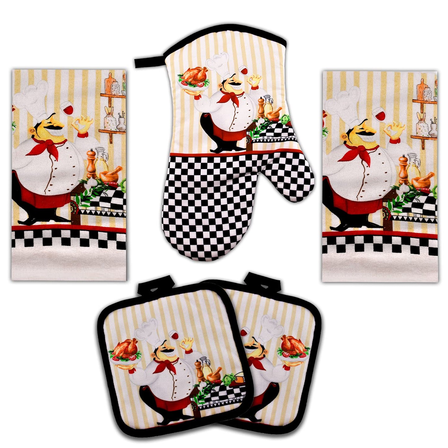 Lobyn Value Packs - Charming 5 Piece Kitchen Towel Set: Chubby Uniformed Chef Design, includes 2 Decorative Dish Towels (25x15) 1 Oven Mitt and 2 Potholders (6.5 Sq)