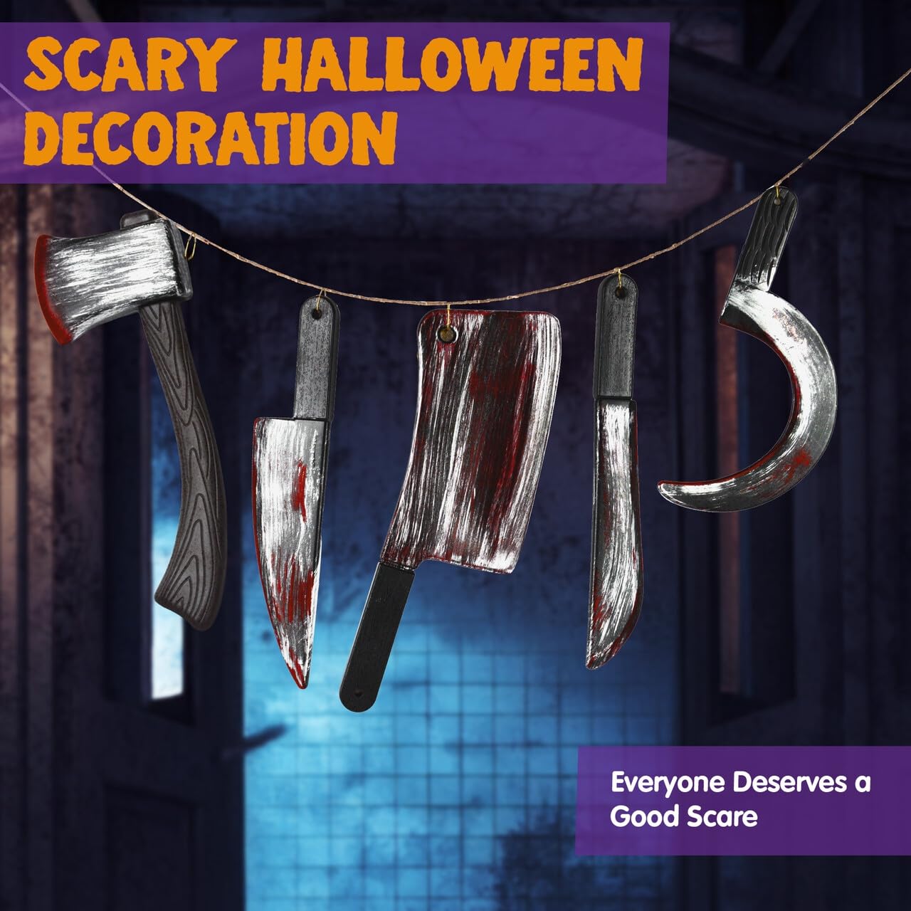 JOYIN 5 Pcs Knife Weapons Halloween Decorations Outdoor Indoor Toys Home Decor Haunted House Fake Blood, Machete Axe Cleaver Sickle