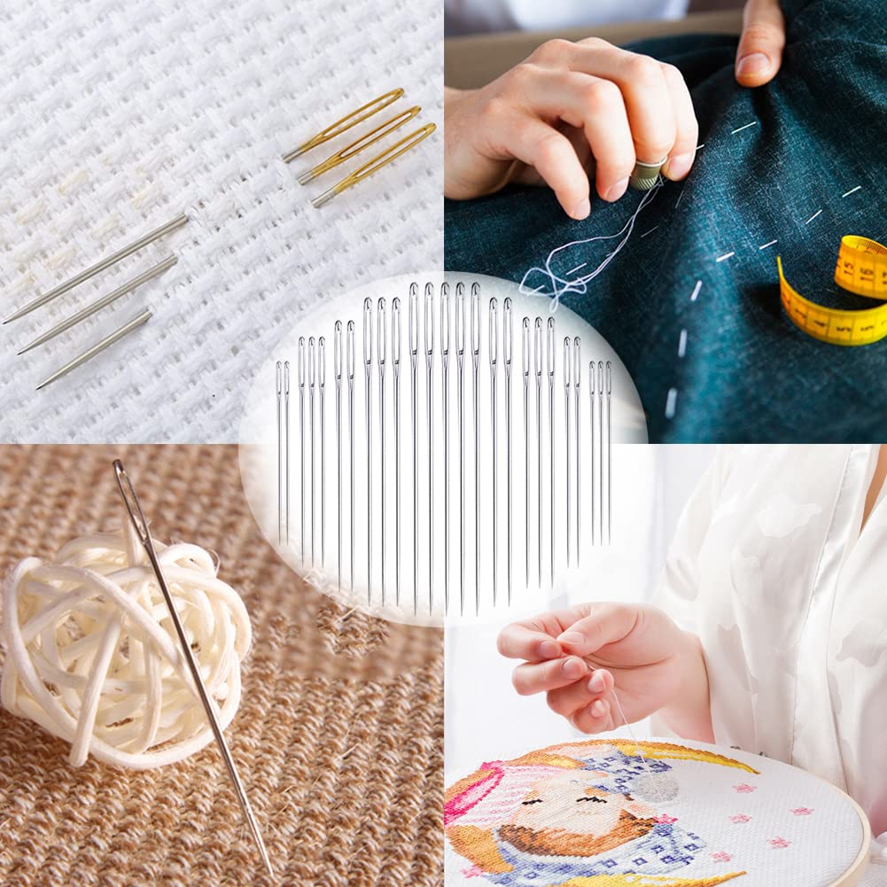 Large Eye Sewing Needles, Embroidery Needles, Stainless Steel, 50 Pieces Sharp Needles with Wooden Needle Case Carving Pattern