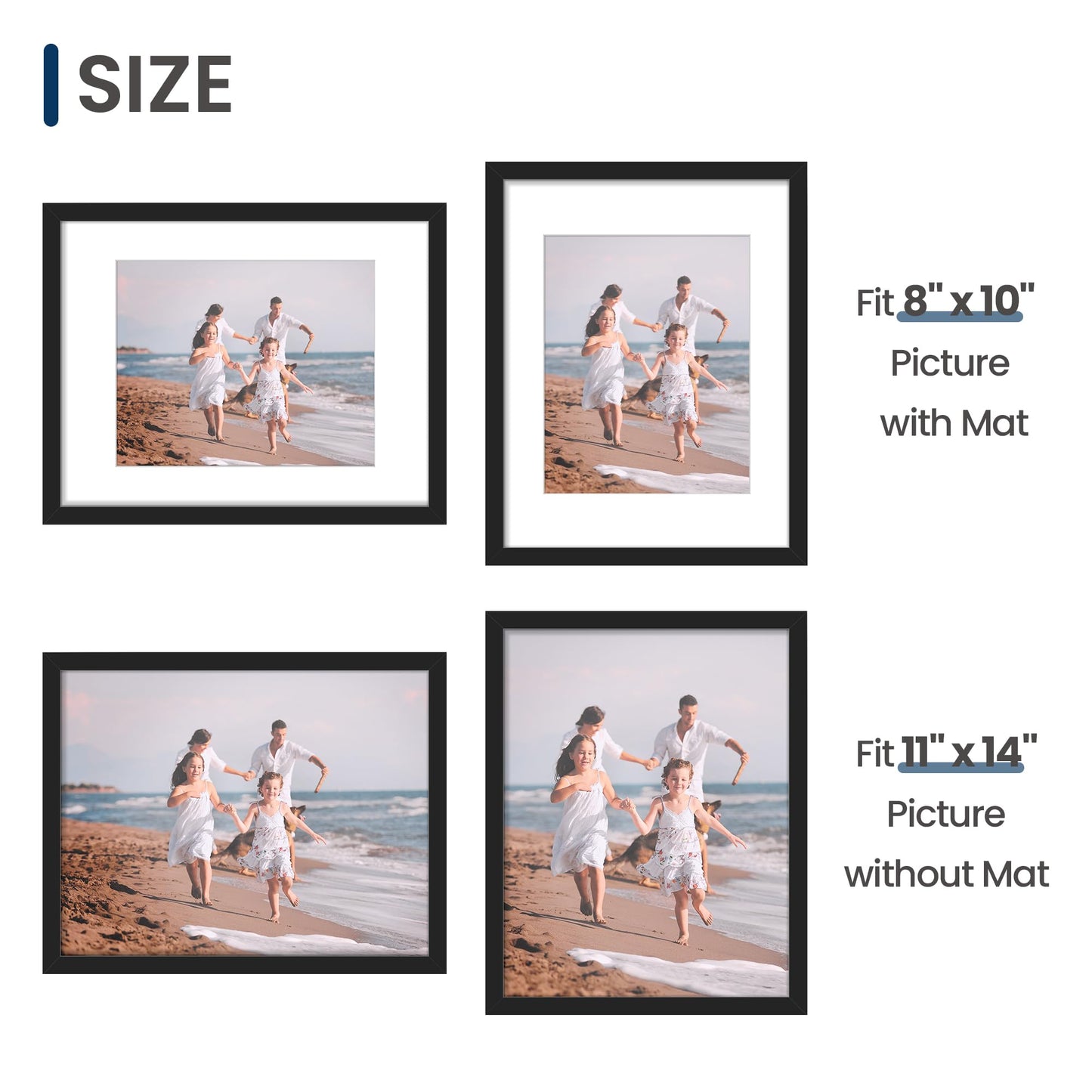 11x14 Picture Frame, Display Poster 8x10 with Mat or 11 x 14 Without Mat, Wall Gallery Photo Frames, Black, 2 Pack
