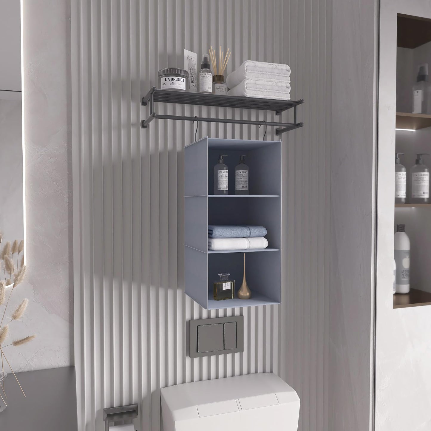 DonYeco Hanging Closet Organizer and Storage 3-Shelf, Easy Mount Foldable Hanging Closet Wardrobe Storage Shelves, Clothes Handbag Shoes Accessories Storage, Washable Oxford Cloth Fabric, Gray
