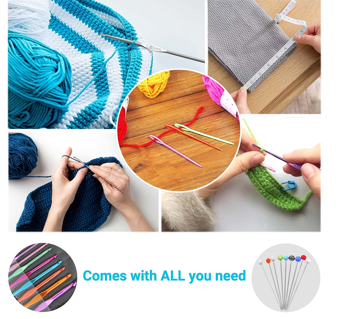 URWOOW 100 Pcs Crochet Hook Set with Yarn Knitting Needles Sewing Tools Full Set Knit Gauge Scissors Stitch Holders Household Tool Kit