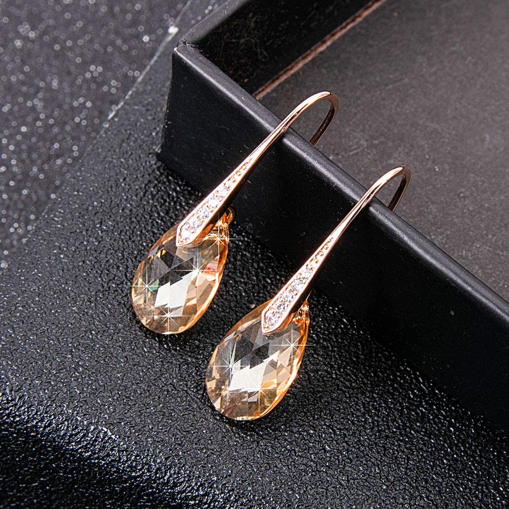 Austrian Crystal Teardrop Dangle Earrings for Women Drop Hook Earring 14K Rose Gold Plated Hypoallergenic Jewelry (Light Topaz)
