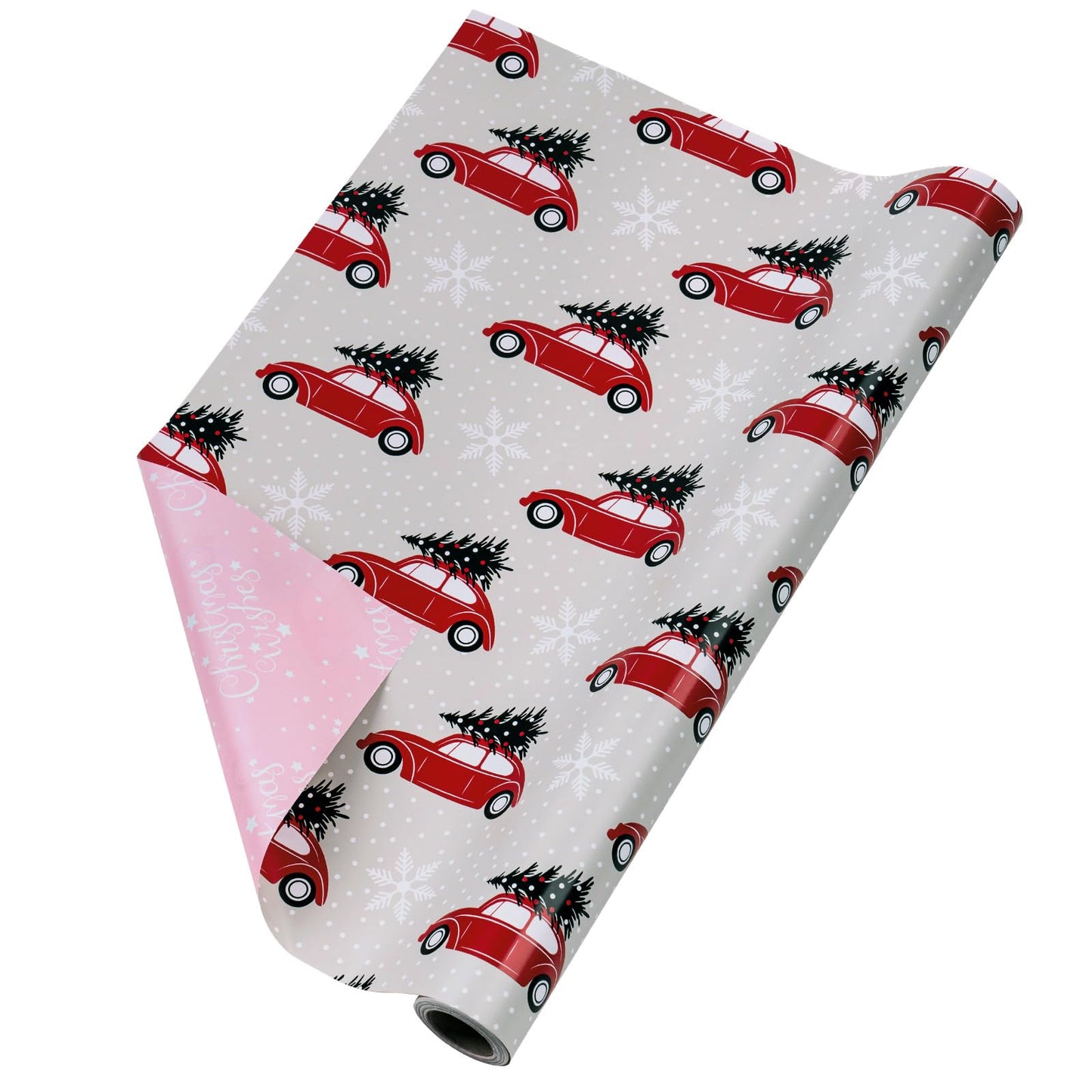 Reversible Wrapping Paper Roll, Mini Roll, Christmas Red Car and Christmas Wishes Pattern Gift Wrap Paper for Kids, Friends, Family, Xmas, Party, Holiday, 17.5 Inches X 32.8 Feet