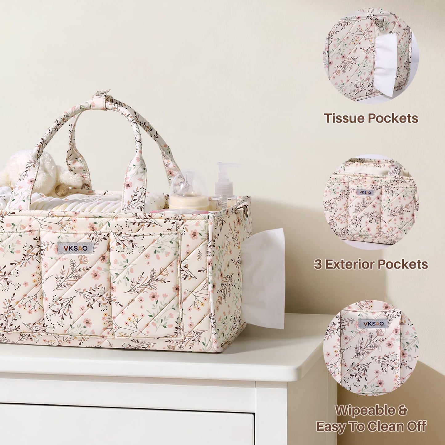 VKSAO Baby Essentials Cute Floral Diaper Caddy Organizer – Portable Storage Basket with Shoulder Strap & Stroller Hooks, Splashproof Quilted Nursery & Car Tote for Baby Shower, Beige Floral