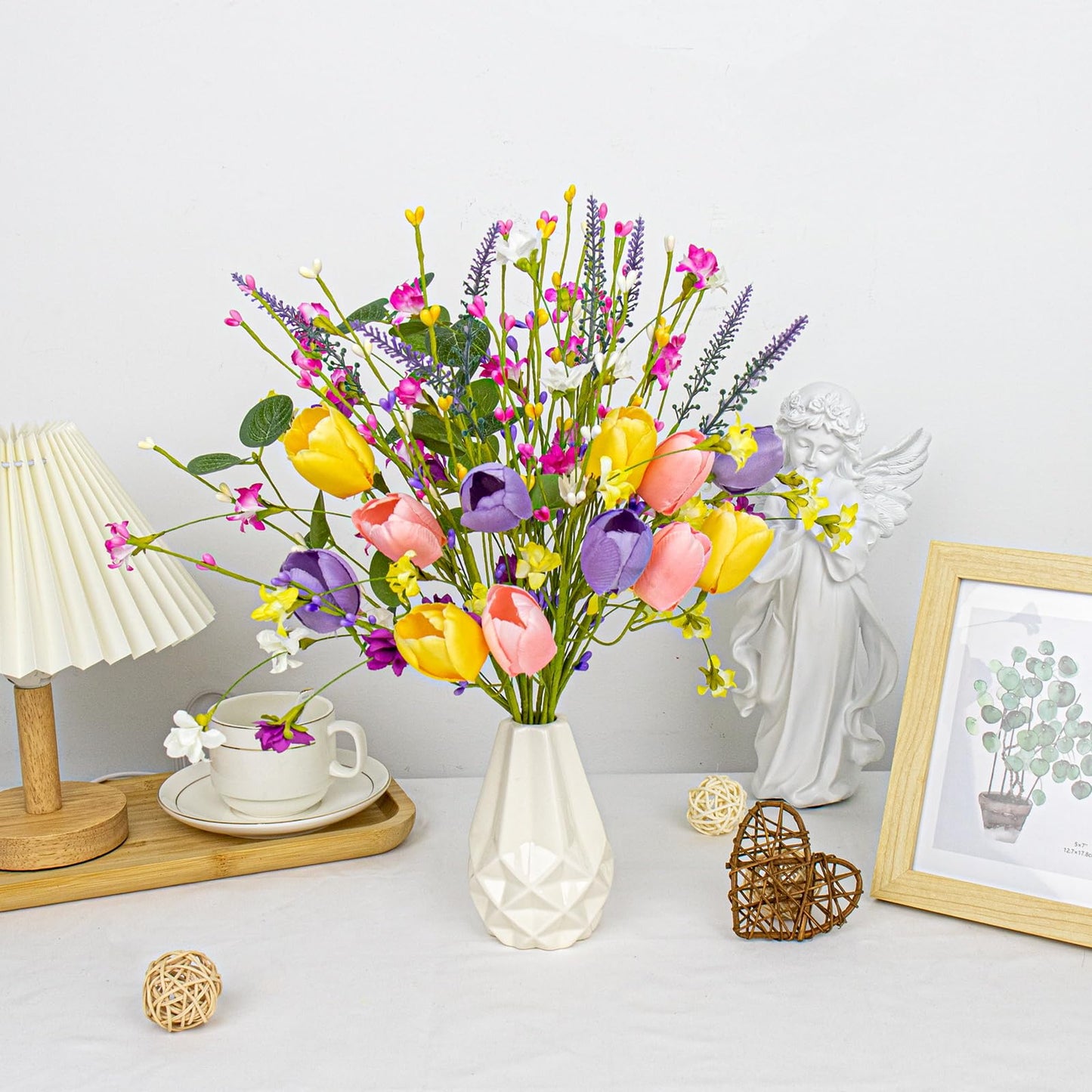 Artificial Spring Flowers 12 Pack Spring Flower Stems 17 Inch Floral Picks with Pink Yellow Purple Tulips Wildflowers for Centerpieces Vases Floral Arrangements Summer Easter Decor