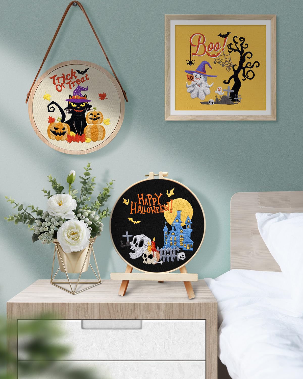 TINDTOP Halloween Embroidery Kit for Adult Beginners, 3 Sets Embroidery Stitch Practice kit Include Embroidery Cloth Hoops Threads for Craft Lover Hand Stitch