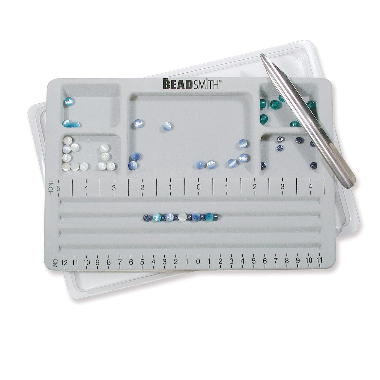 The Beadsmith Mini Bead Board, Grey Flocked, 4 Straight Channels, 5 Recessed Compartments, 7.75 x 11.25 inches, design boards for creating bracelets, necklaces and other jewelry