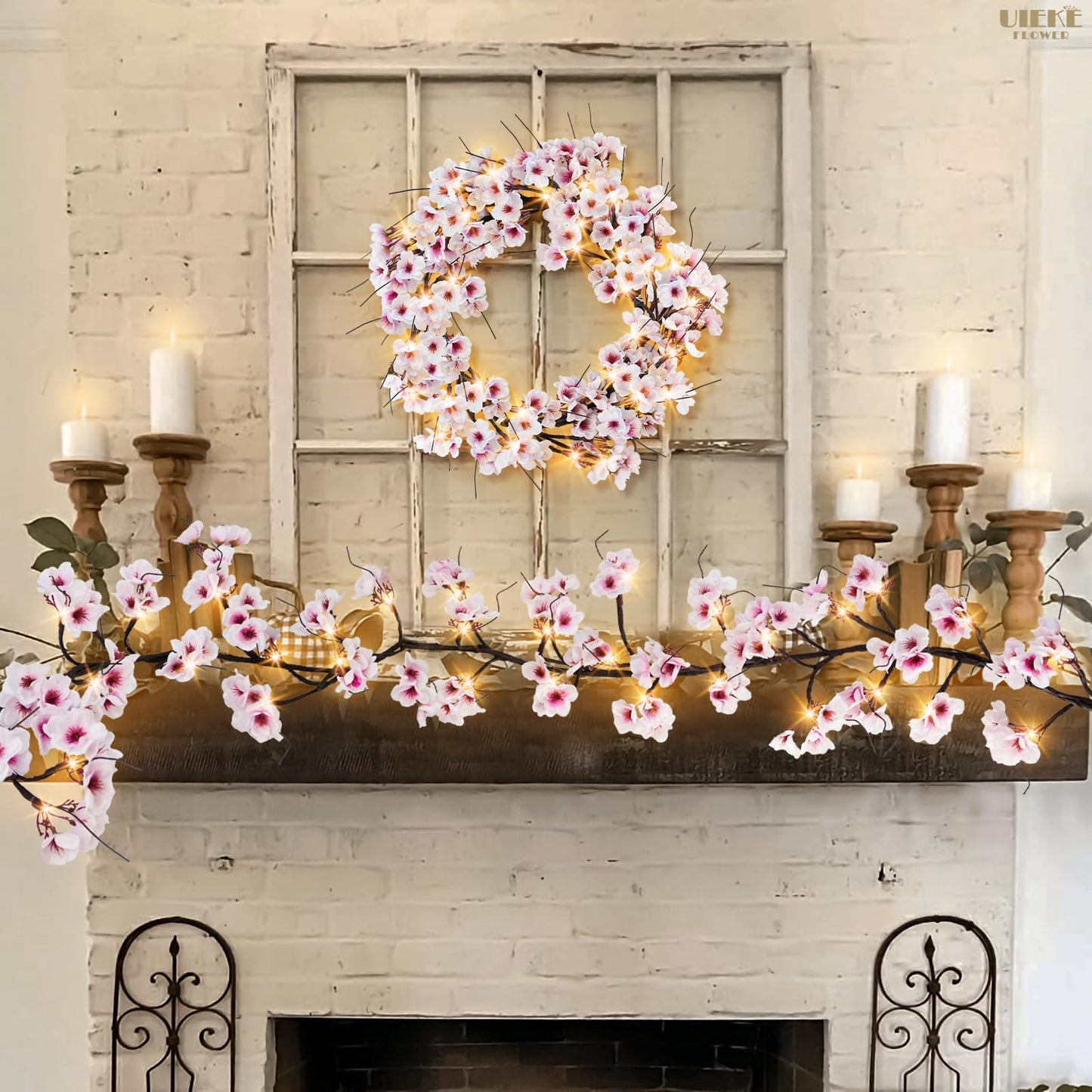 Uieke Lighted Cherry Blossom Garland with Timer 48 LED Fairy Lights 6FT for Mantle, Artificial Flower Vines with Lights 8 Modes Battery Operated Home Fireplace Wedding Party Room Decor
