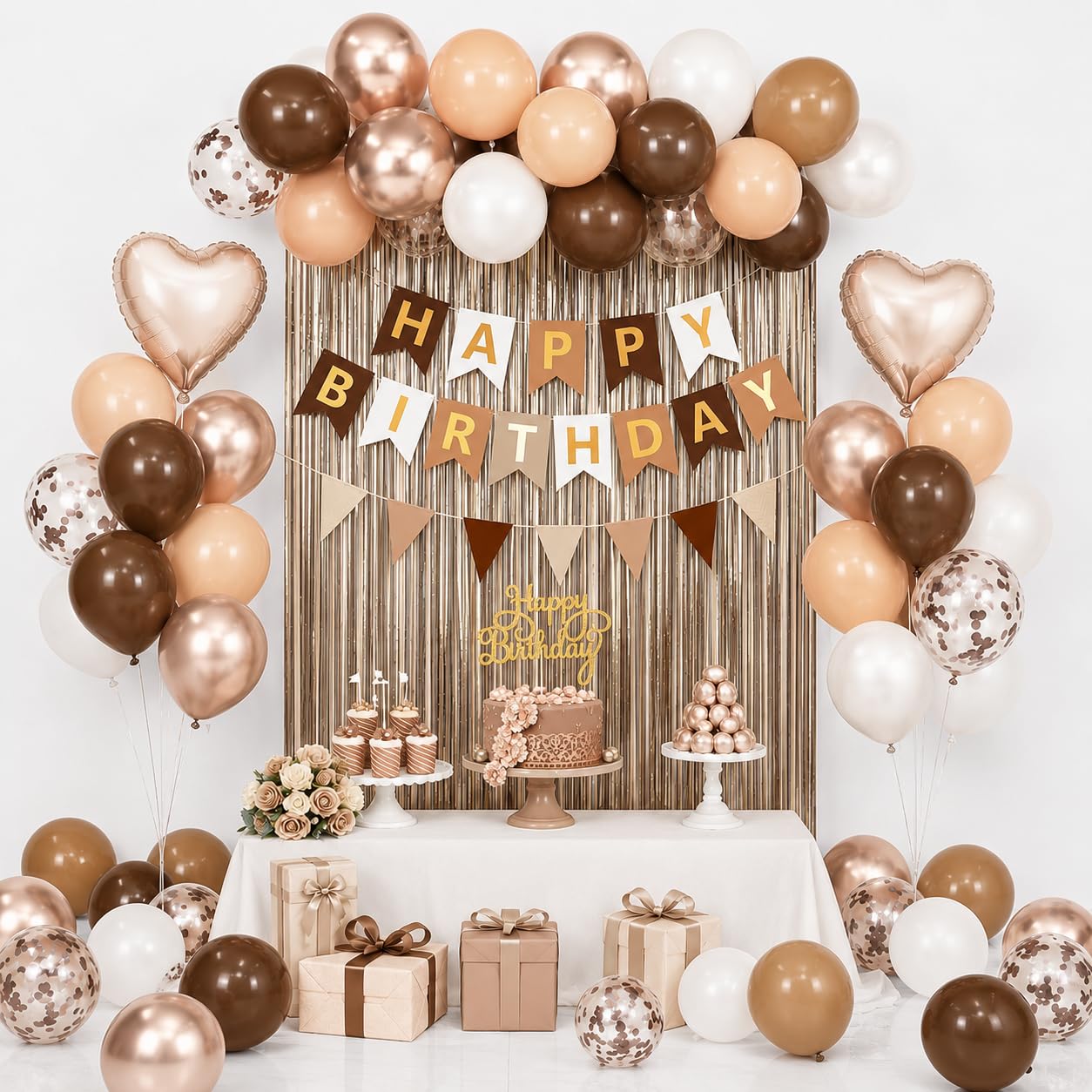 Brown Birthday Decorations,Happy Birthday Banner Beige Cream Neutral Boho Balloons Fringe Curtain Heart Foil Balloons for Women Boys Girls Baby Shower