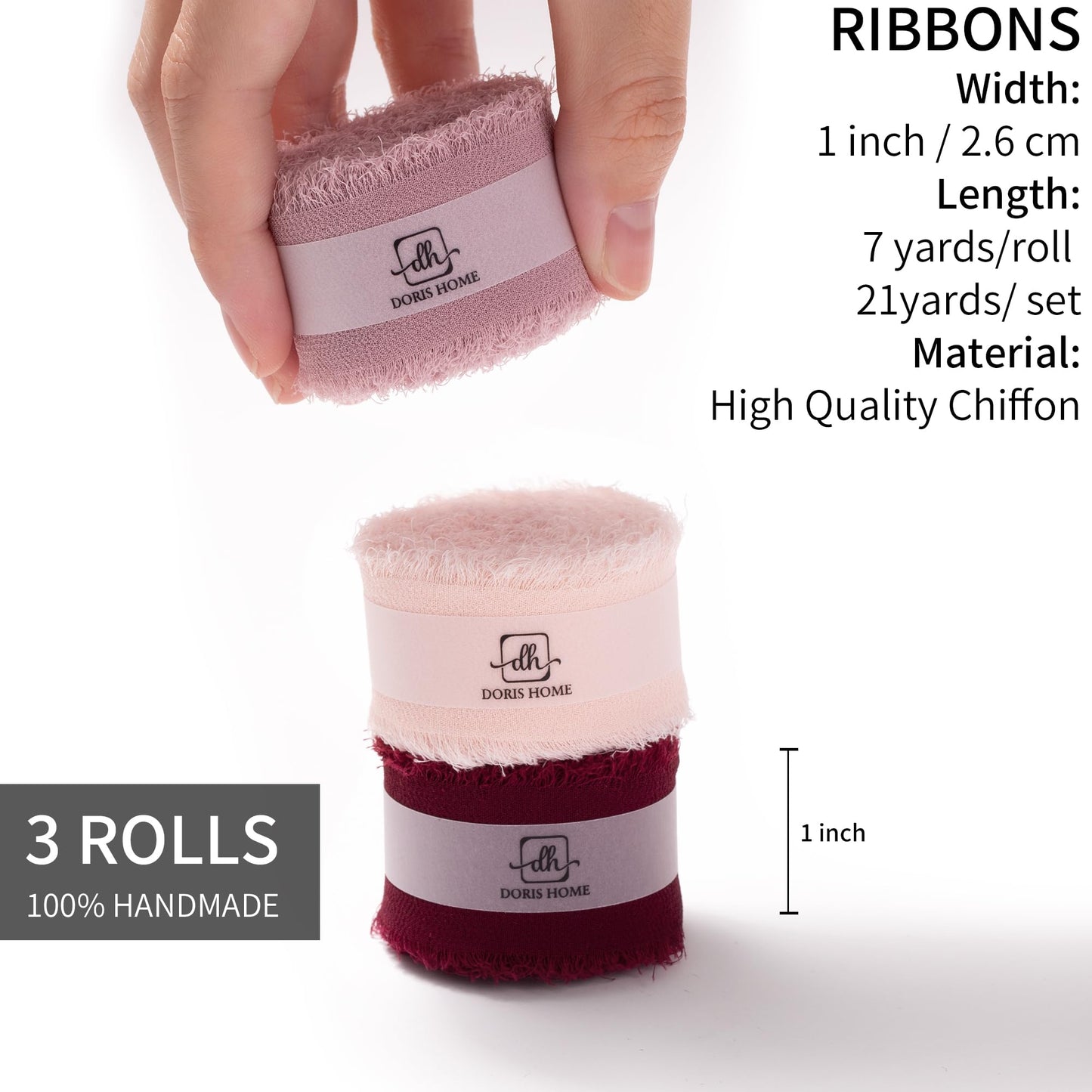 Burgundy and Pink Chiffon Ribbon for Flower Bouquet, 1" x21Yd Fabric Ribbon for Gift Wrapping, Handmade Frayed Ribbon for Wedding Invitations/Christmas Decorations