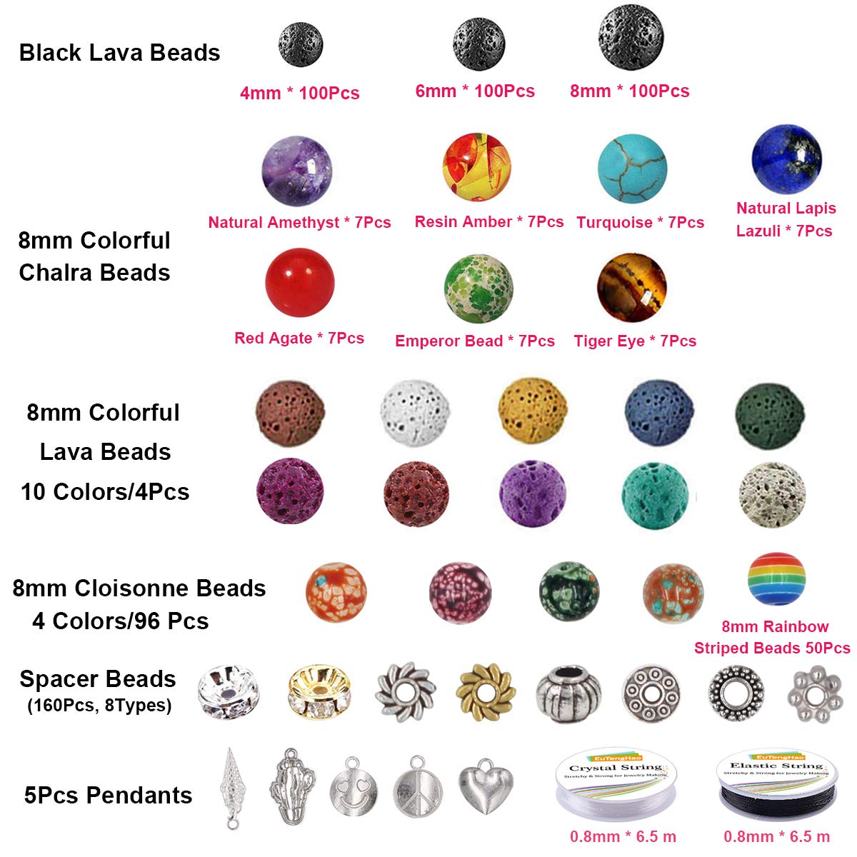EuTengHao 702Pcs Lava Beads Stone Rock Beads Rainbow Striped Beads Kit with Chakra Beads Cloisonne Beads Spacer Beads Bracelet String Cord for Diffuser Essential Oils Adult Jewelry Making Supplies