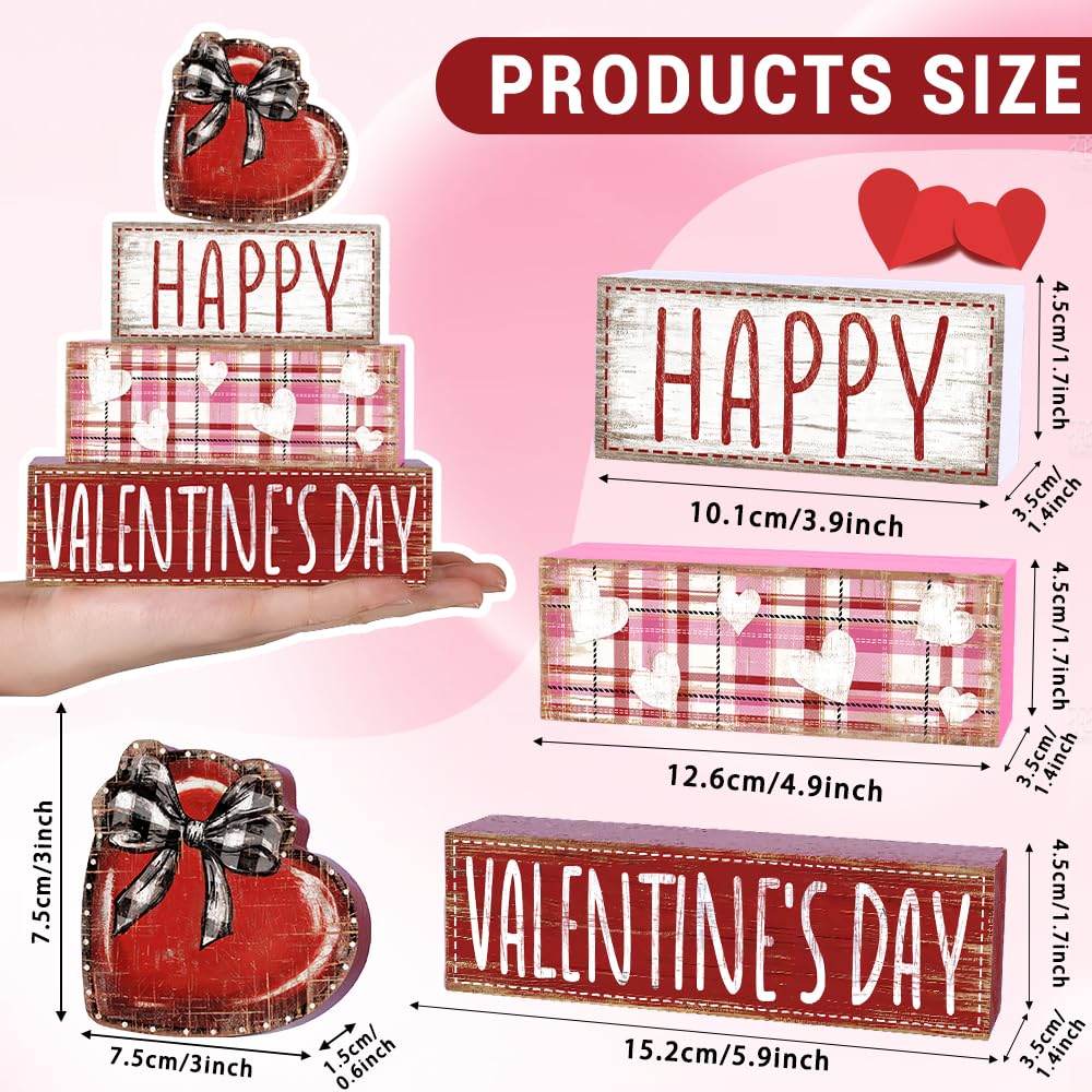 4Pcs Valentine's Day Table Decoration Valentine Heart Wooden Block Signs Rustic Valentines Tiered Tray Decor Happy Valentine's Day Centerpiece Sign for Farmhouse Holiday Tabletop Party Decor