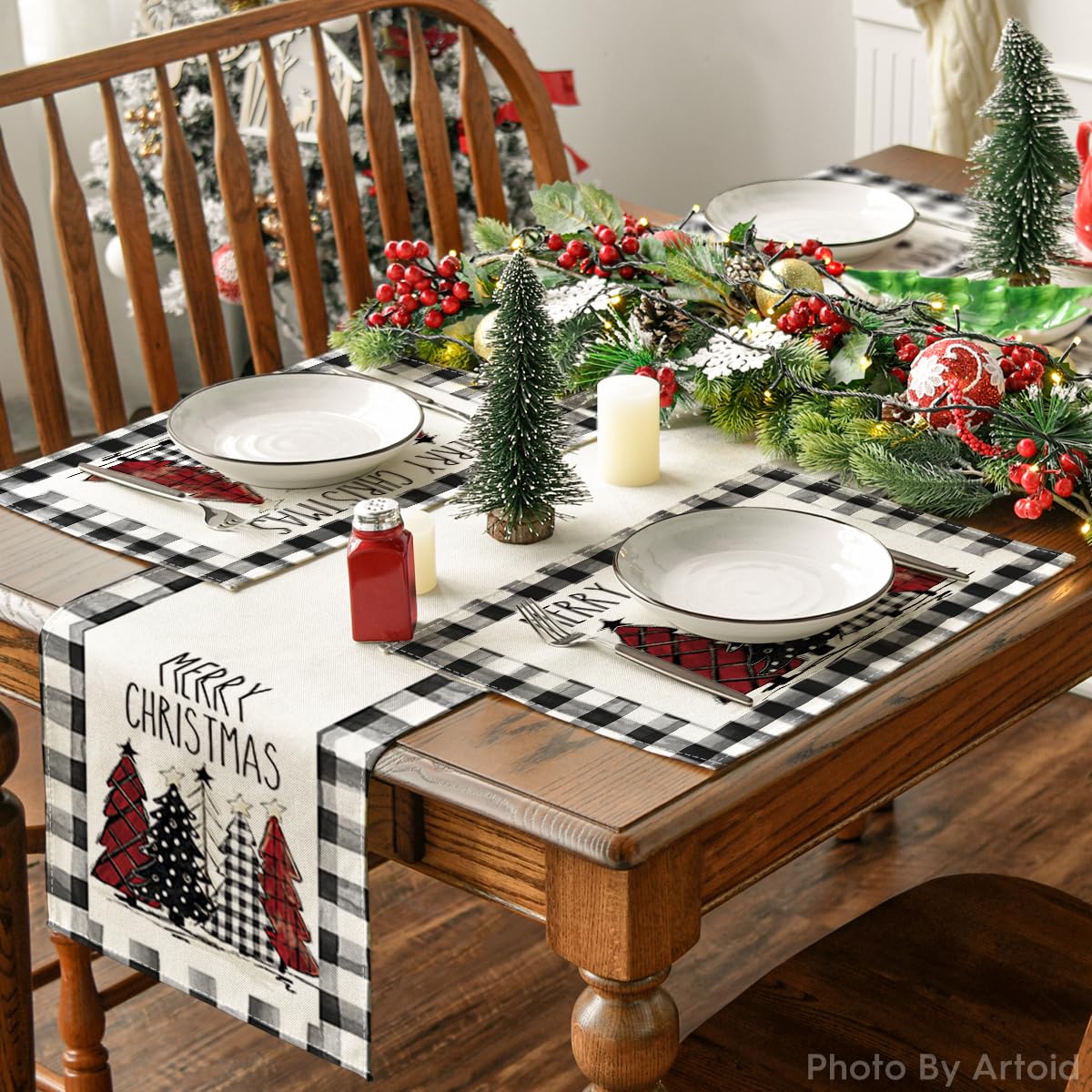 Artoid Mode Waterclor Buffalo Plaid Christmas Trees Placemats Set of 6, 12x18 Inch Winter Table Mats for Outdoor Home Party Kitchen Dining Decor