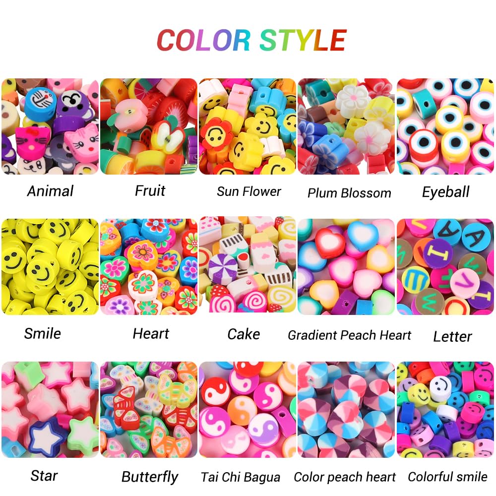 DULEFUN 300PCS Clay Beads Charms,Fruit Flower Letter Beads Soft Beads for Women Girls Bracelet Making DIY Bracelet Necklace Earring Accessories with 4m Crystal Elastic String