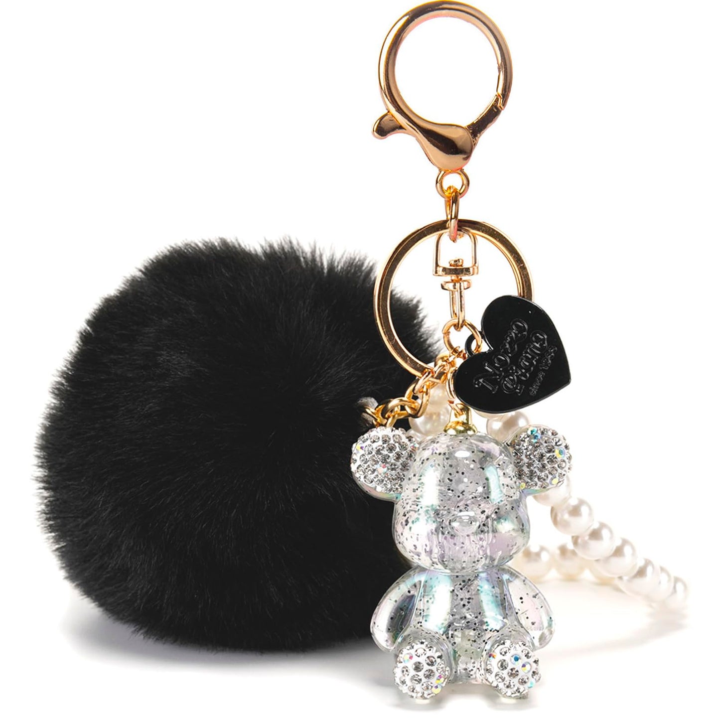 YOU WIZV Teddy Bear Keychain, Cute Bling Keychains for Women and Puff Ball key chains for Car Keys, Backpack, Purse Accessories, Aesthetic Black Pom Pom Keychain