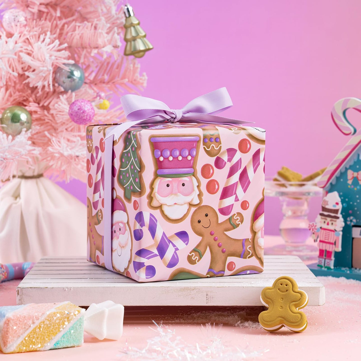 30 Inch Jumbo Reversible Gingerbread Christmas Wrapping Paper - 30 Inch x 33 Feet - Pink Purple Stripes and Gingerbread Wrapping Paper for Xmas Holiday, Party Celebration