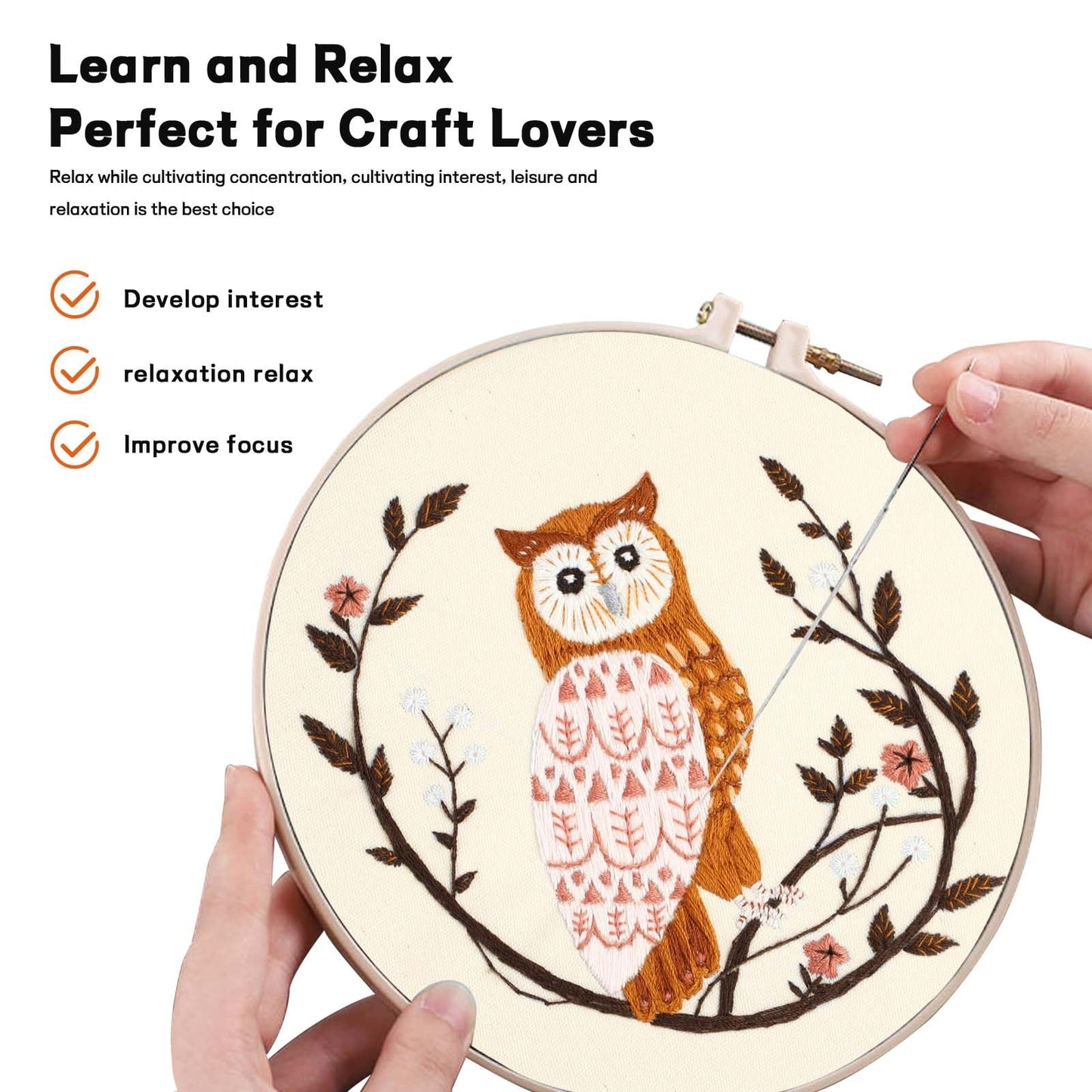 Beginner Embroidery Kit for Adults, Owl Cross Stitch Kits with 7.9" Hoop, Threads, Needles, Learn Stitches with Pre-Printed Patterns, Video Tutorial, DIY Needlework Craft Gift for Women