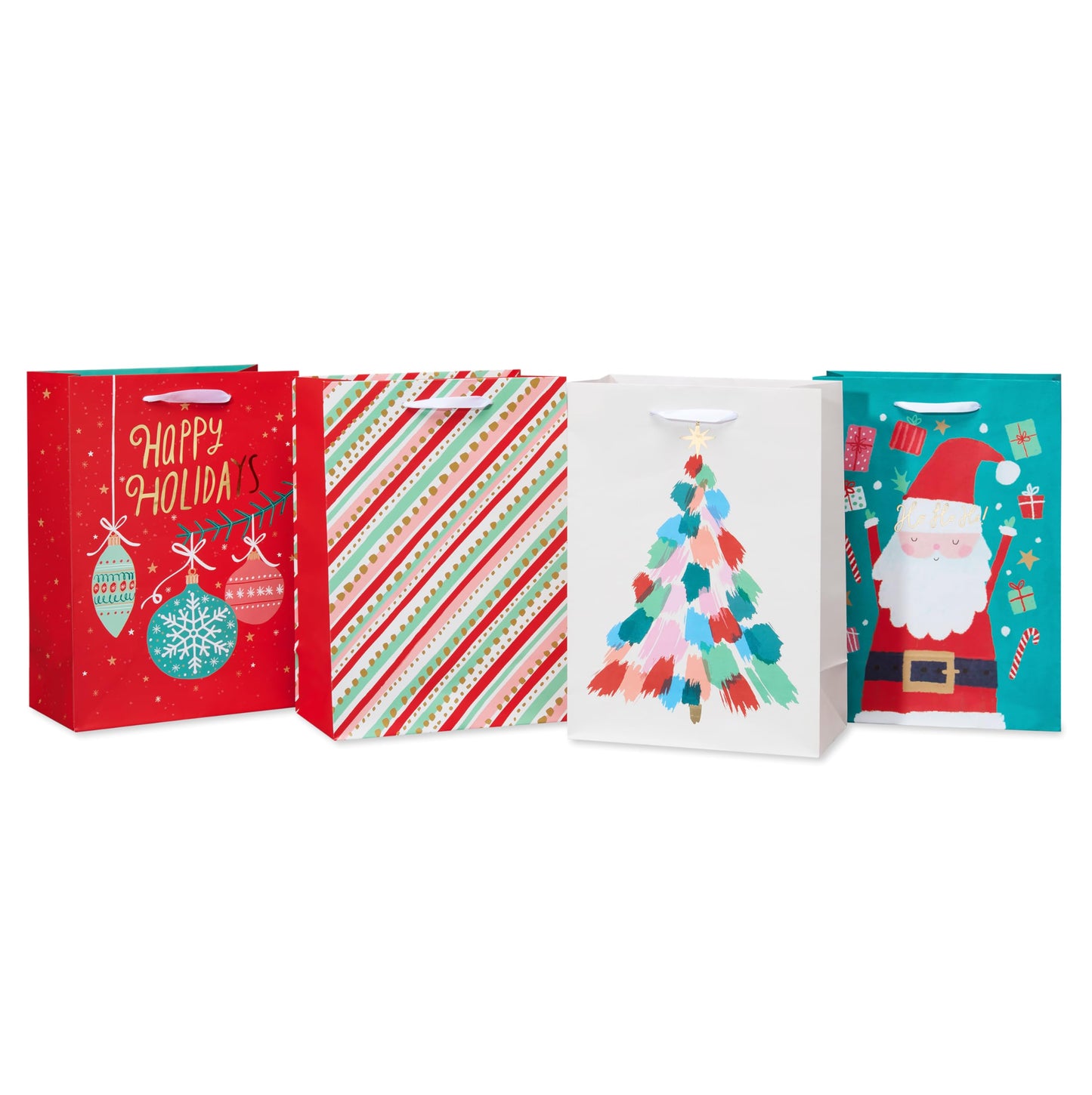 American Greetings 10" Medium Christmas Gift Bags, Santa, Ornaments, Stripes (4 Bags)