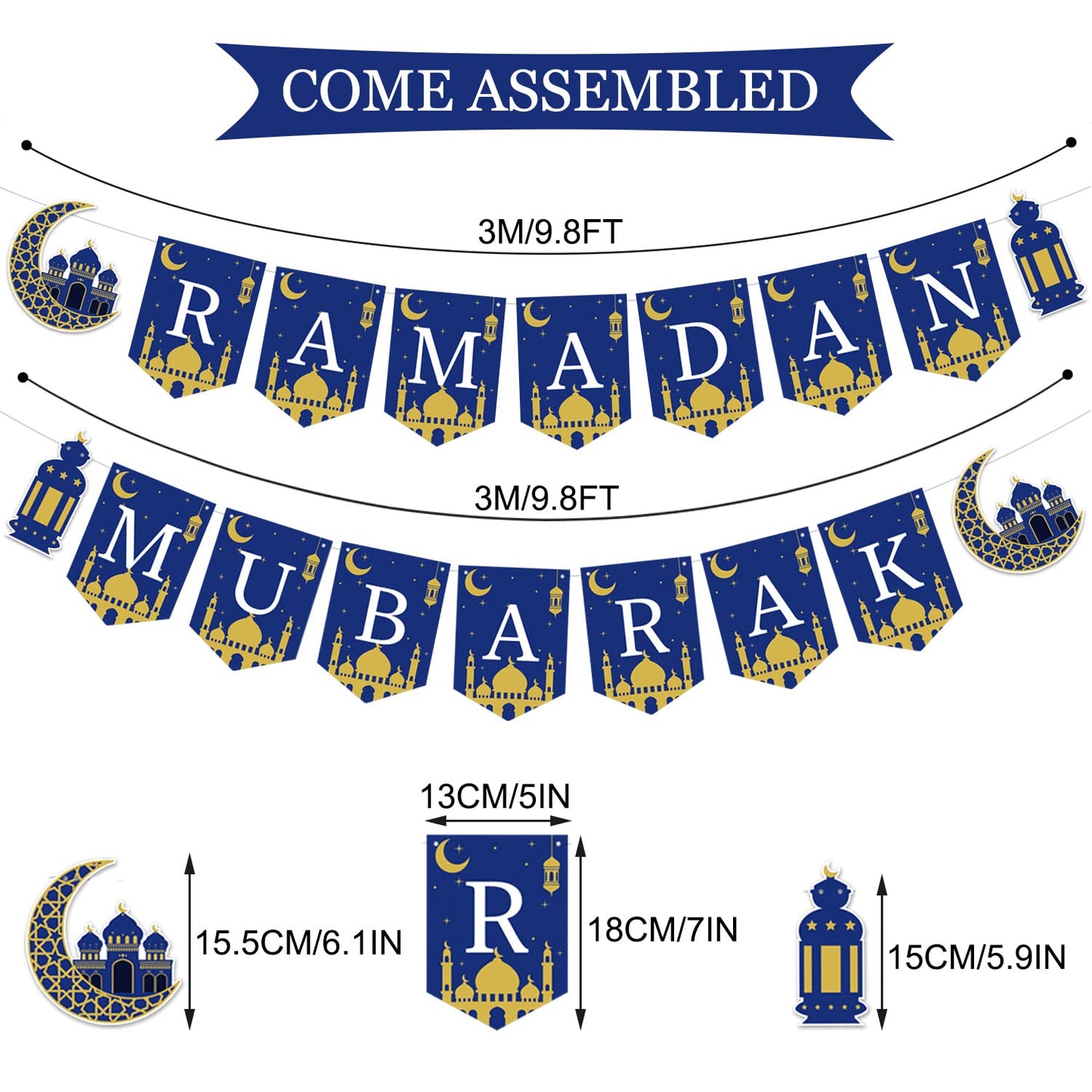 Ramadan Mubarak Banner Muslim Ramadan Mubarak Bunting Banner Garland with Lantern Moon Castle Sign Eid Mubarak Festival Celebration Party Decorations for Mantle Fireplace Wall Party Supplies