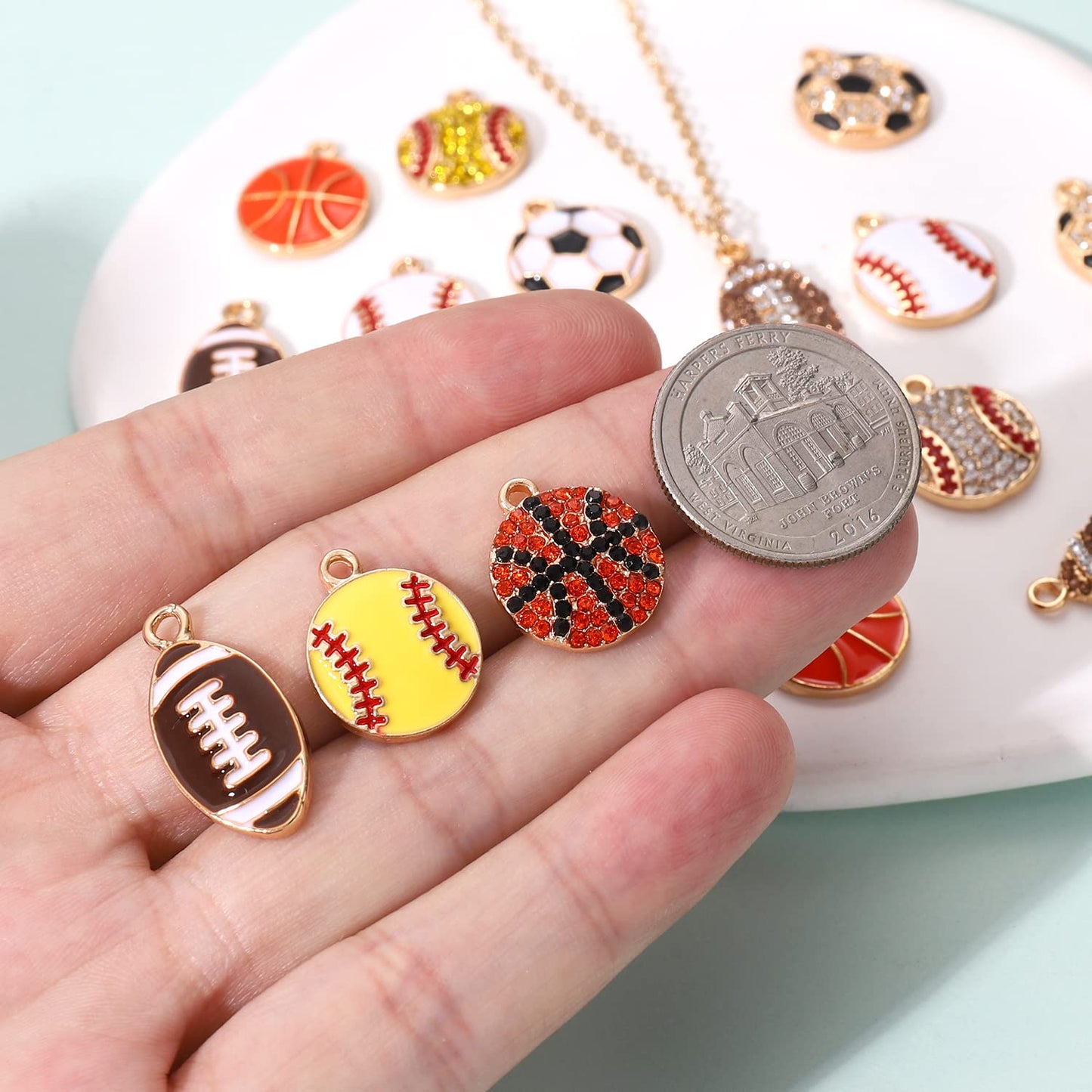 20PCS Sports Charms Enamel Basketball Baseball Pendant Charms for Jewelry Making Rhinestone Ball Game Softball Charms for Necklace Bracelet Earrings DIY Crafts (Set 1)
