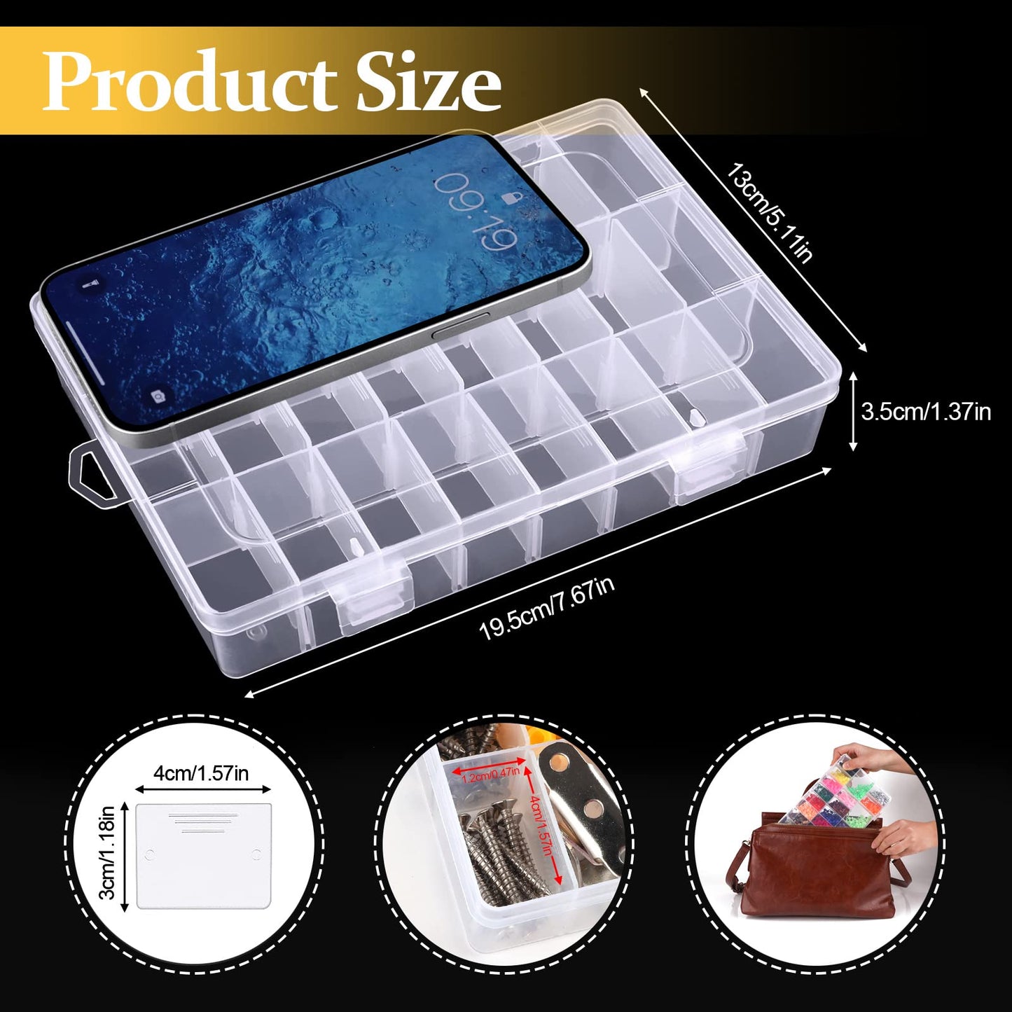 2 Pack 24 Grids Clear Plastic Organizer Box, Storage Container with Adjustable Divider, Craft and Bead Storage Organizer Box for DIY Jewelry Tackles with 2 Sheets Label Stickers