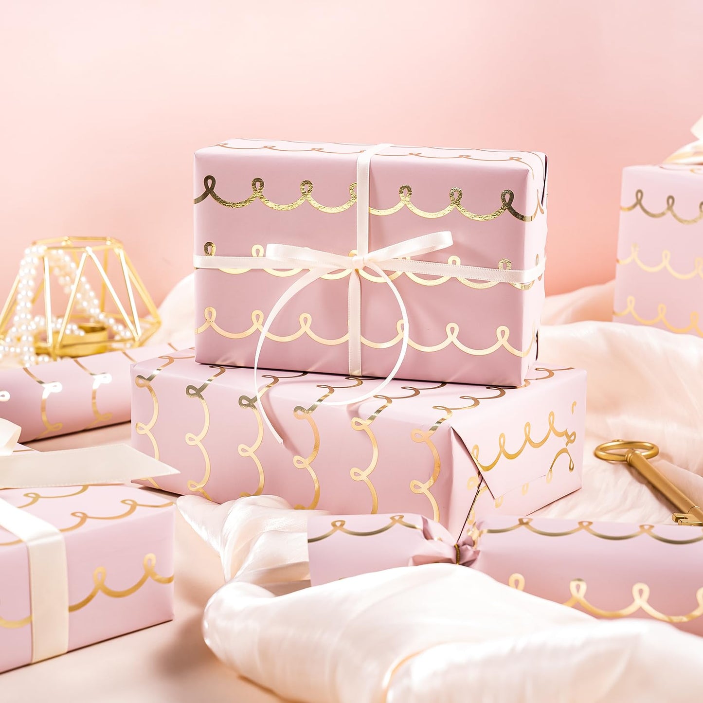 Pink Wrapping Paper Roll - Mini Roll - 17 Inch x 33 Feet - Metallic Foil Chic Classic Pink and Gold Wedding Wrapping Paper for Birthday, Wedding, Baby Shower, Valentine's Day